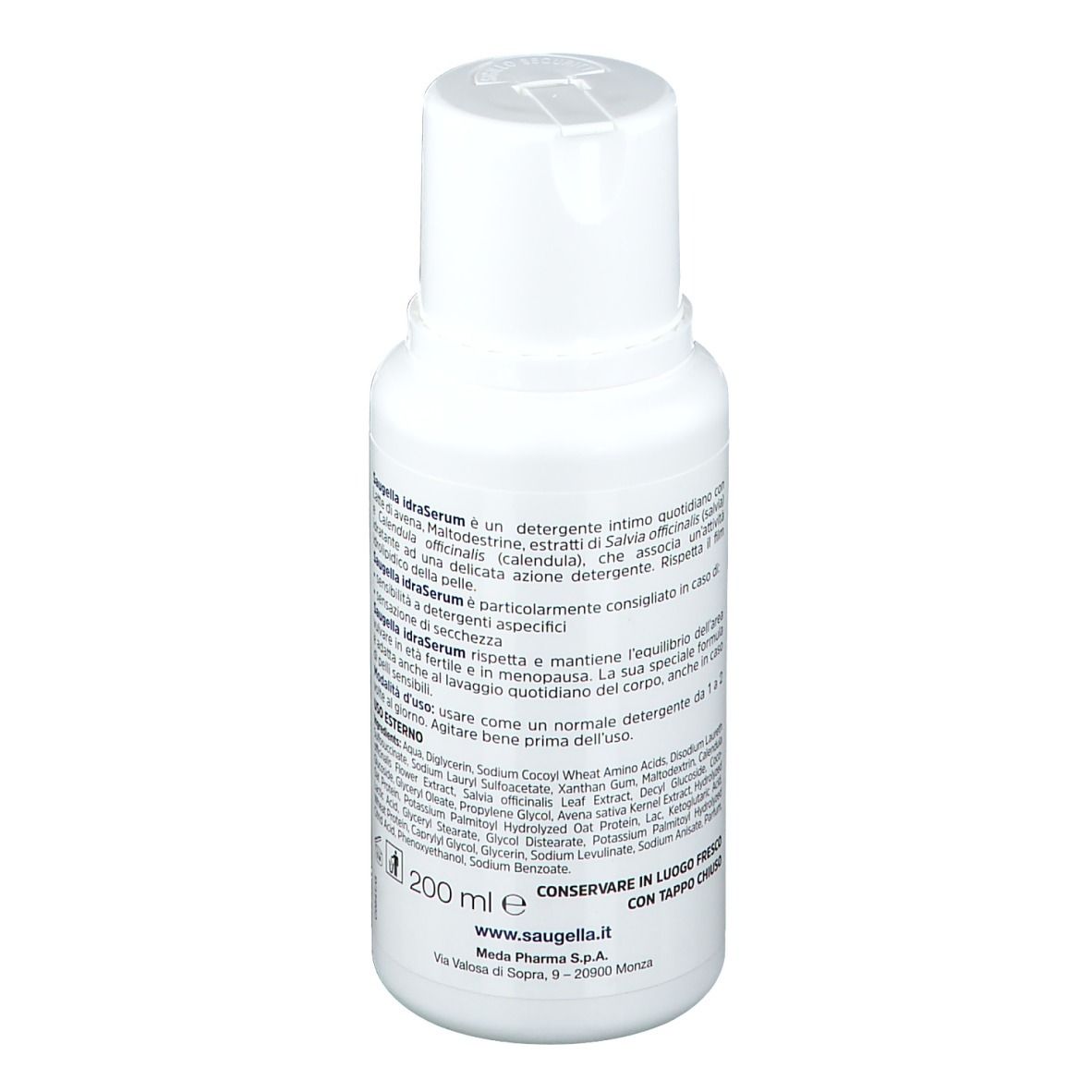Flacone bianco con testo sul retro. SAUGELLA idraSerum. Testo: 200 ml e. Con tappo a vite.