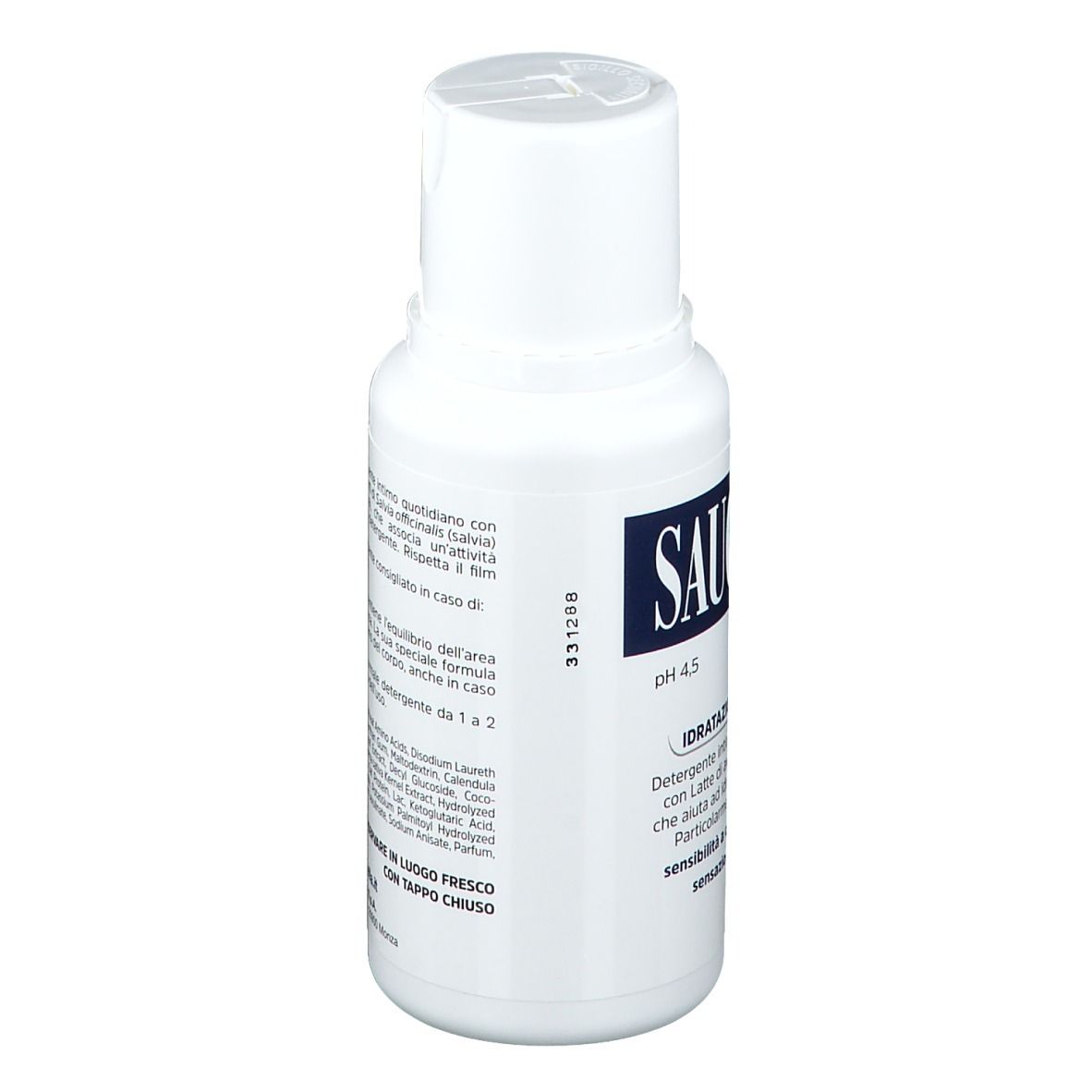 Flacone bianco con etichetta blu. SAUGELLA idraSerum, pH 4,5. Testo: IDRATAZIONE E COMFORT.