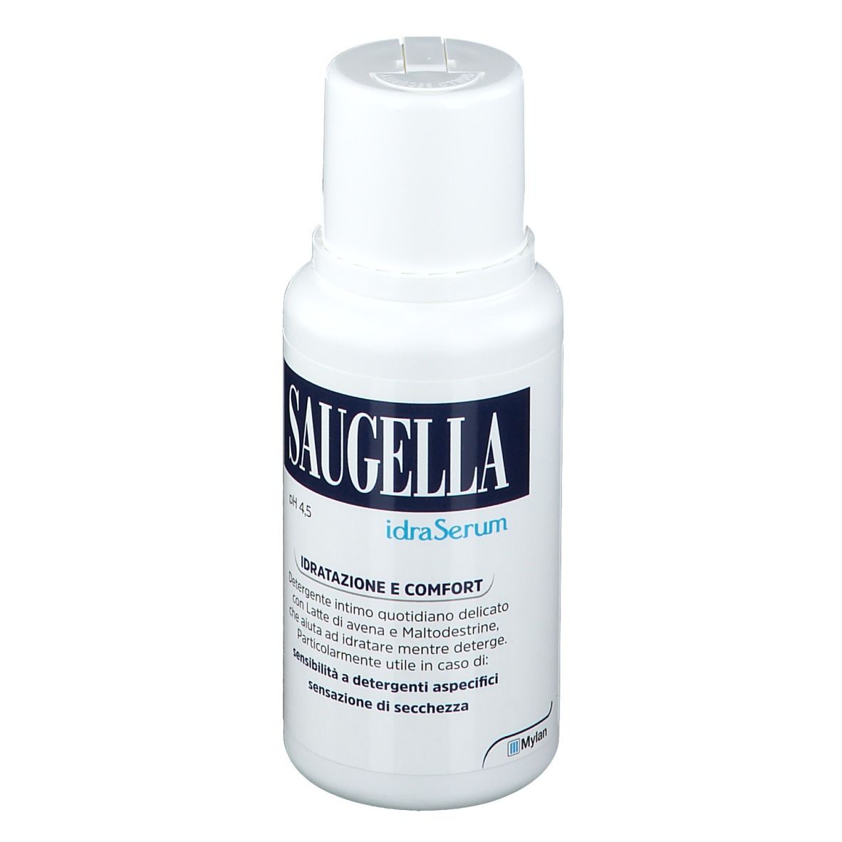 Flacone bianco con etichetta blu. SAUGELLA idraSerum, pH 4,5. Testo: IDRATAZIONE E COMFORT.
