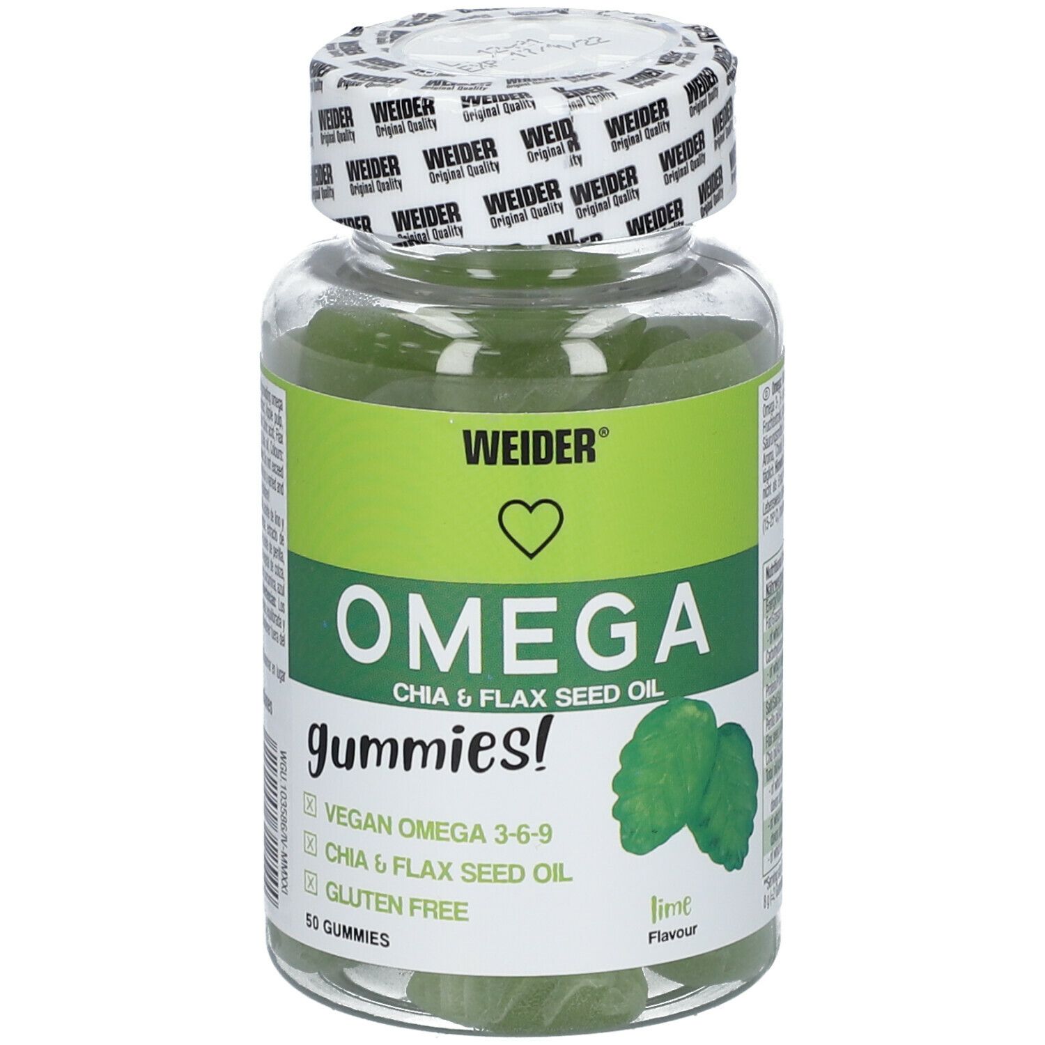 WEIDER Omega Gummies, caramelle gommose verdi in bottiglia trasparente. Scritta: Omega, Chia & olio di semi di lino, senza glutine, 50 caramelle.