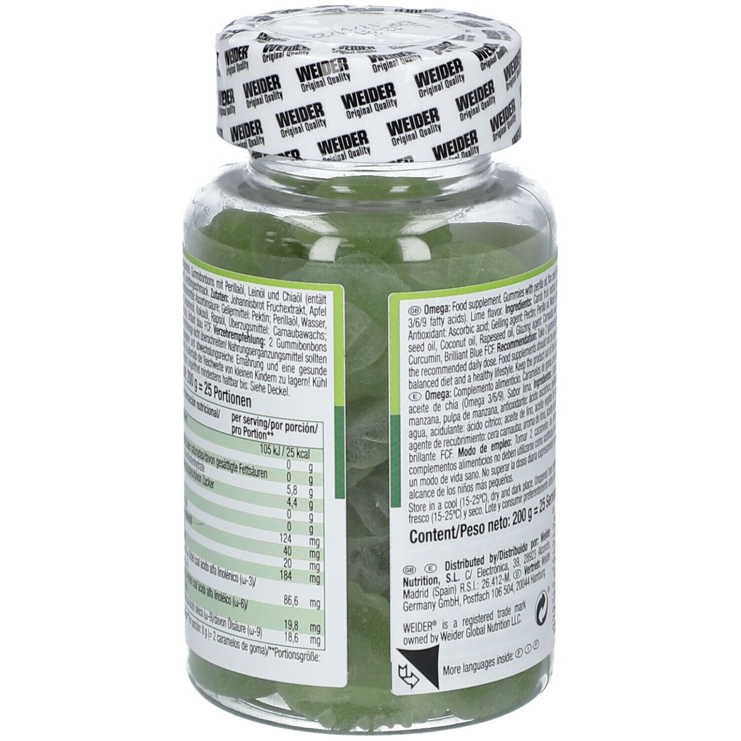 Retro di una bottiglia di WEIDER Omega Gummies. Testo: informazioni nutrizionali, informazioni produttore. Caramelle gommose verdi visibili.