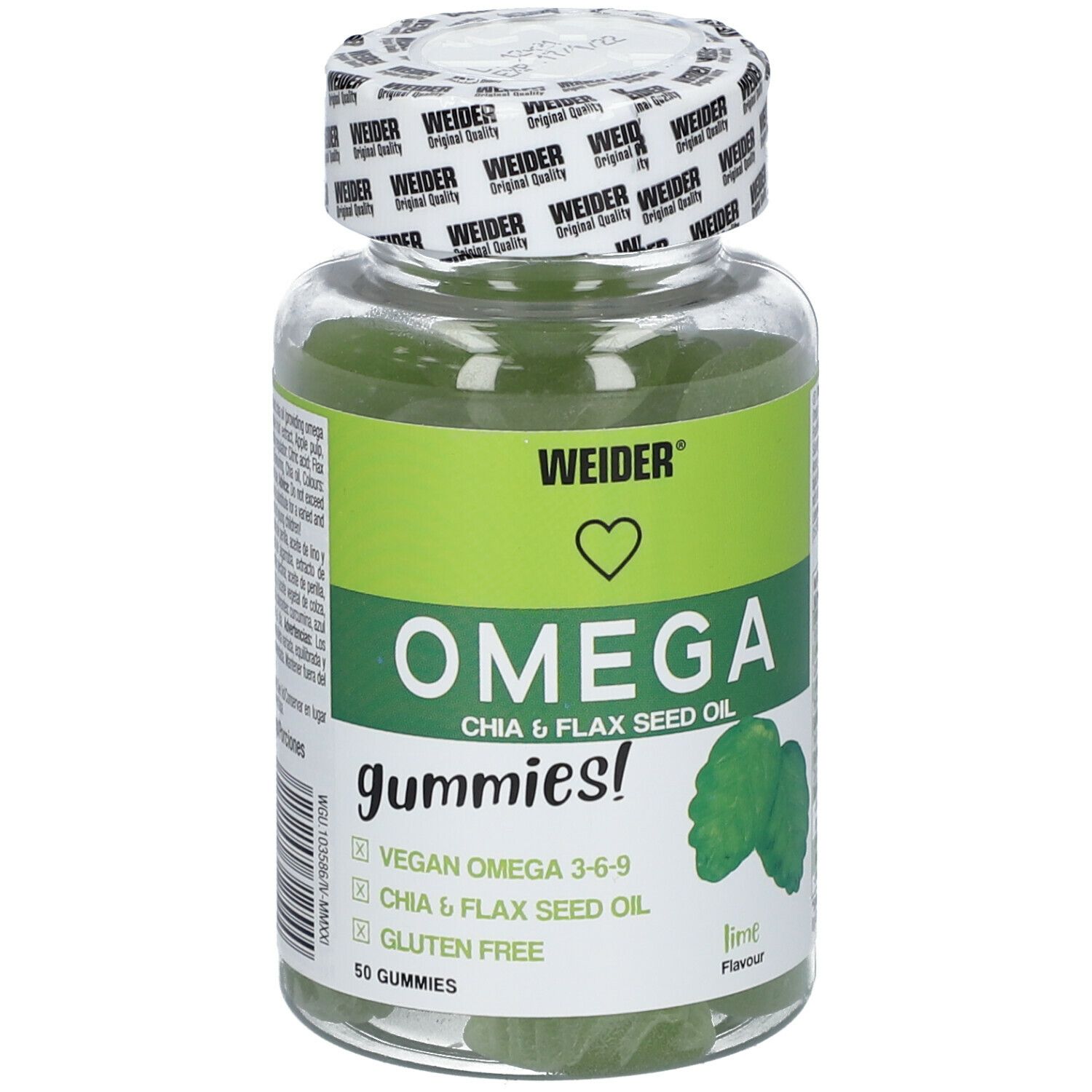 WEIDER Omega Gummies, caramelle gommose verdi in bottiglia trasparente. Scritta: Omega, Chia & olio di semi di lino, senza glutine, 50 caramelle.