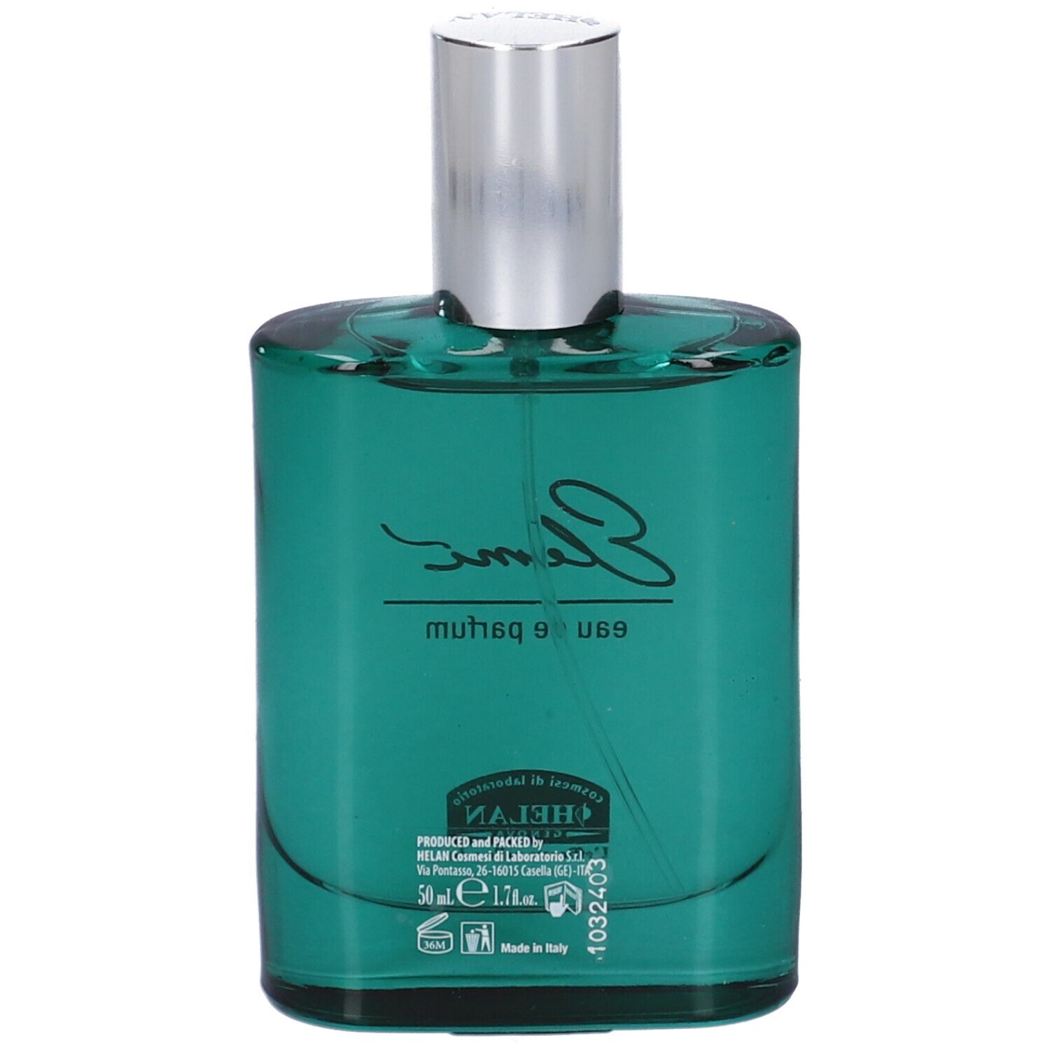 Retro del flacone verde di eau de parfum. Scritta "Elemi eau de parfum". Marchio: Helan. 50 ml.