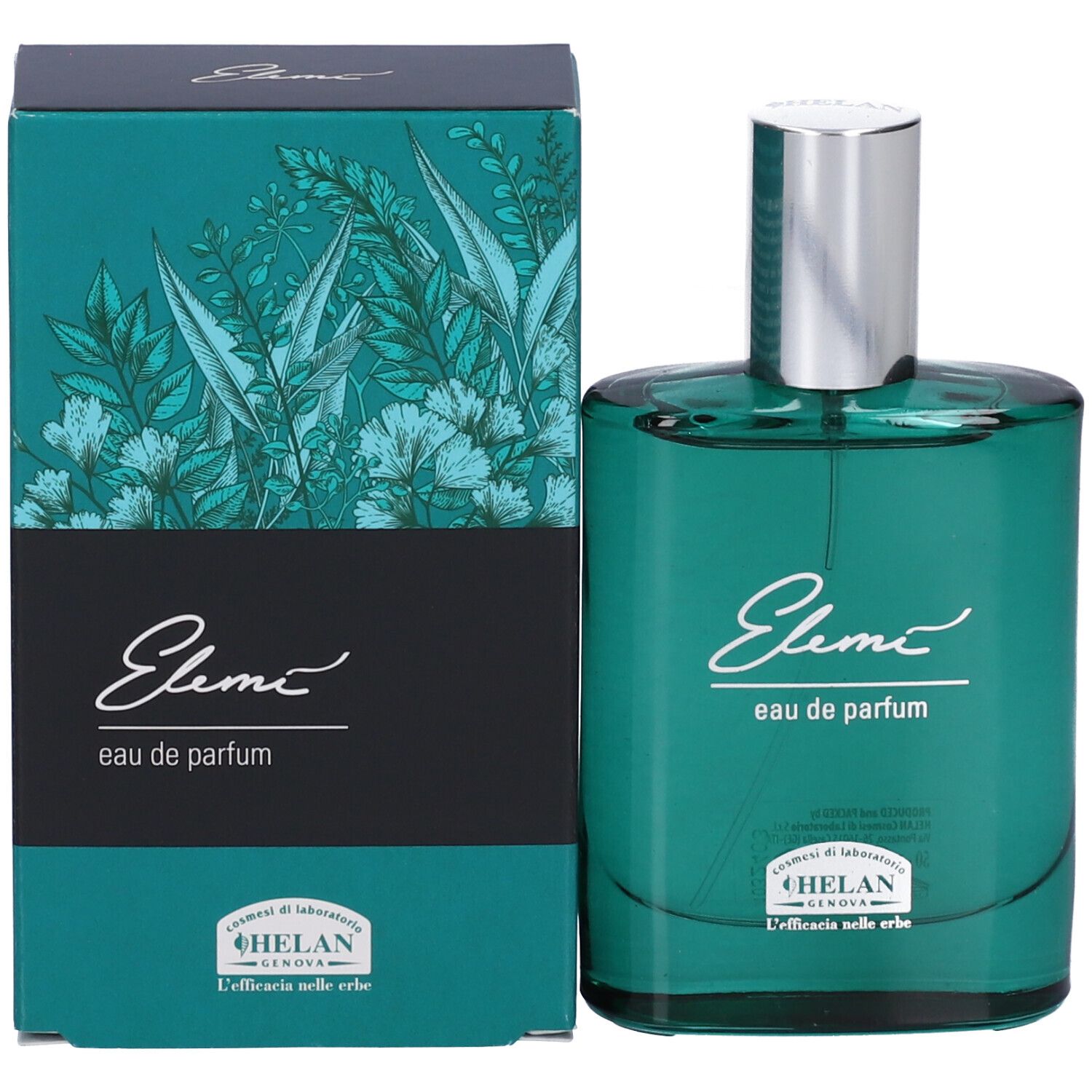 Flacone di eau de parfum accanto alla confezione. Flacone verde, con tappo argentato. Confezione verde con motivo floreale.