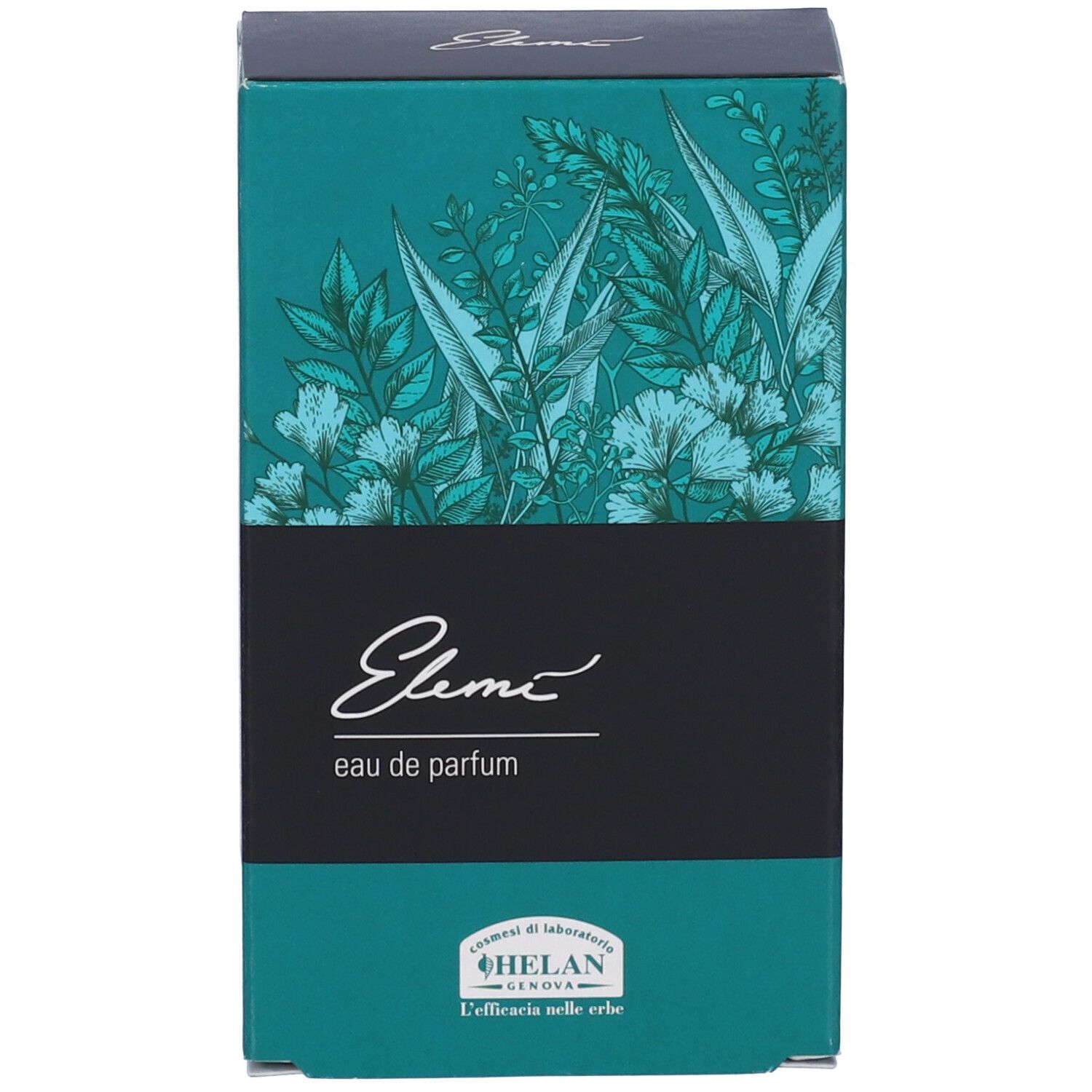 Confezione per eau de parfum. Verde con motivo floreale e fascia nera. Scritta "Elemi eau de parfum".