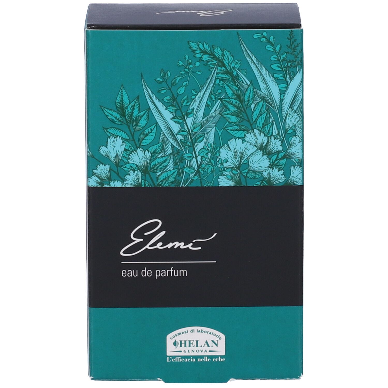 Confezione per eau de parfum. Verde con motivo floreale e fascia nera. Scritta "Elemi eau de parfum".