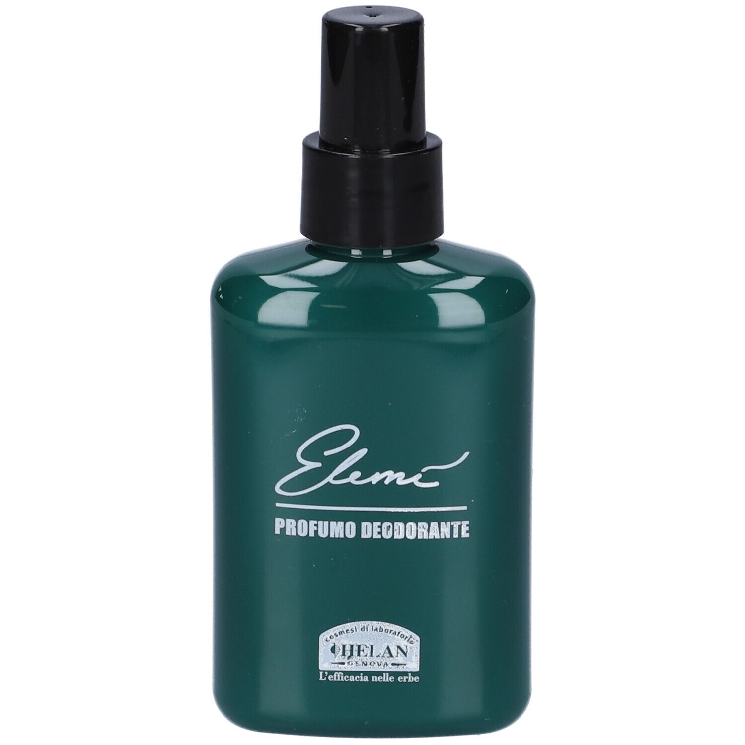 Flacone verde con vaporizzatore nero. Scritta: Elemì Profumo Deodorante. Marchio: Helan. Logo.