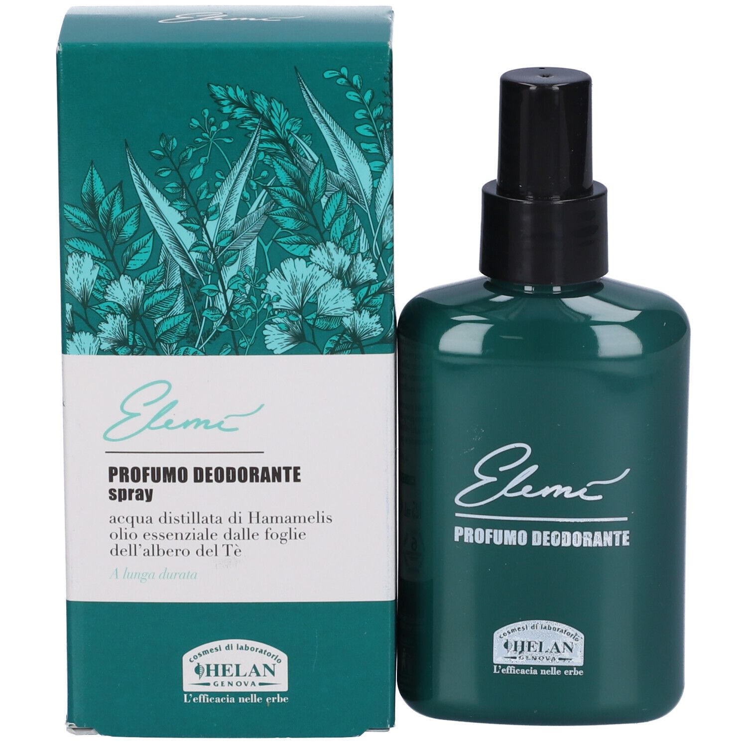 Flacone verde con vaporizzatore nero e confezione. Scritta: Elemì Profumo Deodorante Spray. Marchio: Helan.