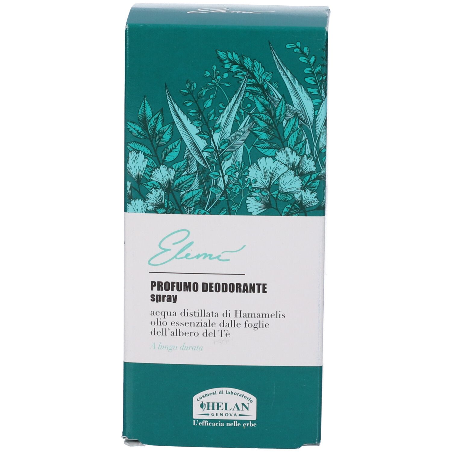 Confezione. Scritta: Elemì Profumo Deodorante Spray. Testo: acqua, amamelide, olio di tea tree. Marchio: Helan.