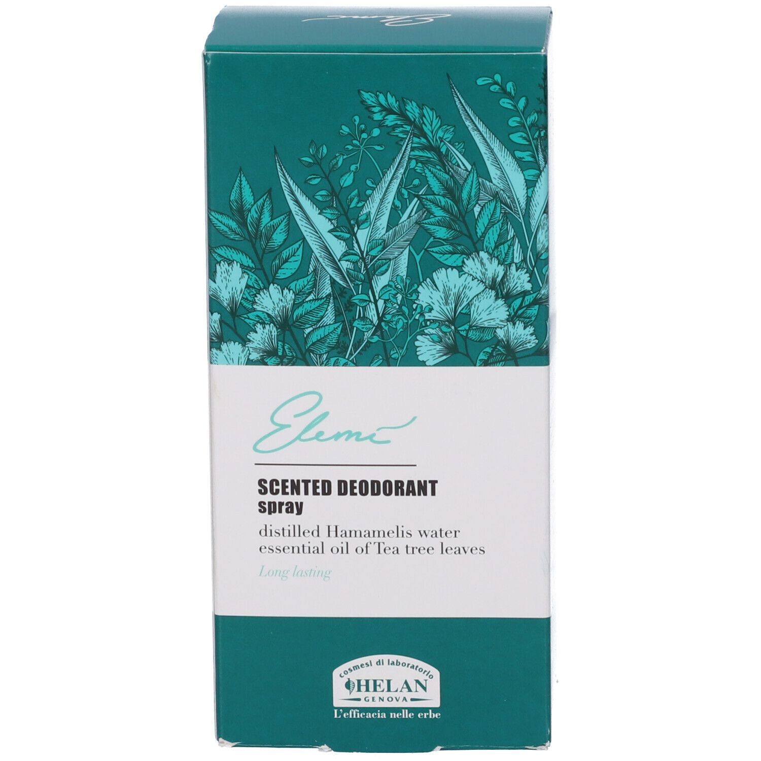 Confezione. Scritta: Scented Deodorant Spray. Testo: acqua, amamelide, olio di tea tree. Marchio: Helan.