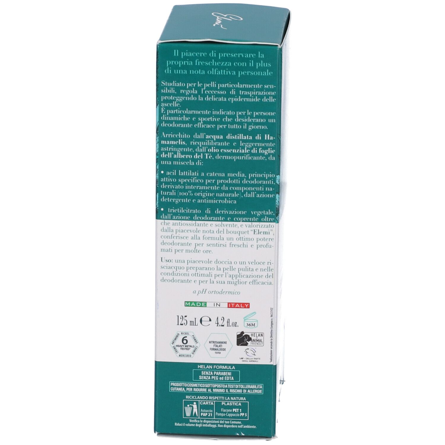 Confezione. Testo sugli ingredienti e l'uso. Testo in italiano. Logo, certificazioni e volume.