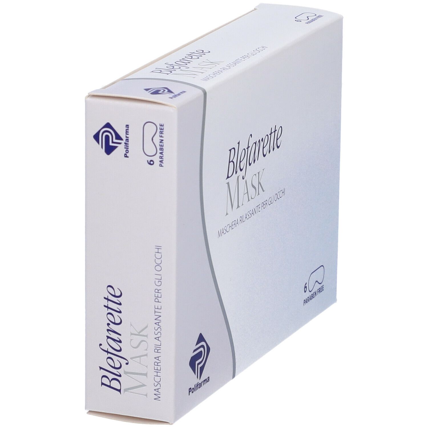 Confezione bianca 'Blefarette Mask'. Logo Polifarma. Contiene 6 maschere. 'Paraben Free'.