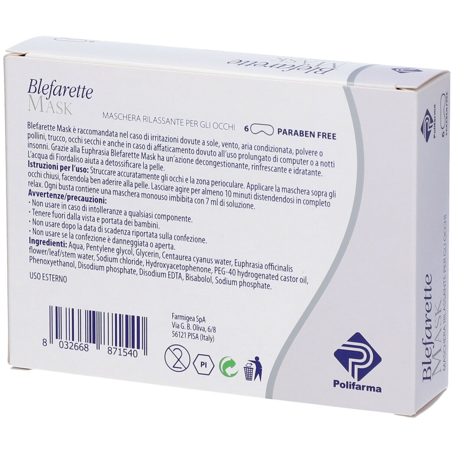 Retro confezione 'Blefarette Mask'. Testo in italiano. Ingredienti e informazioni produttore.