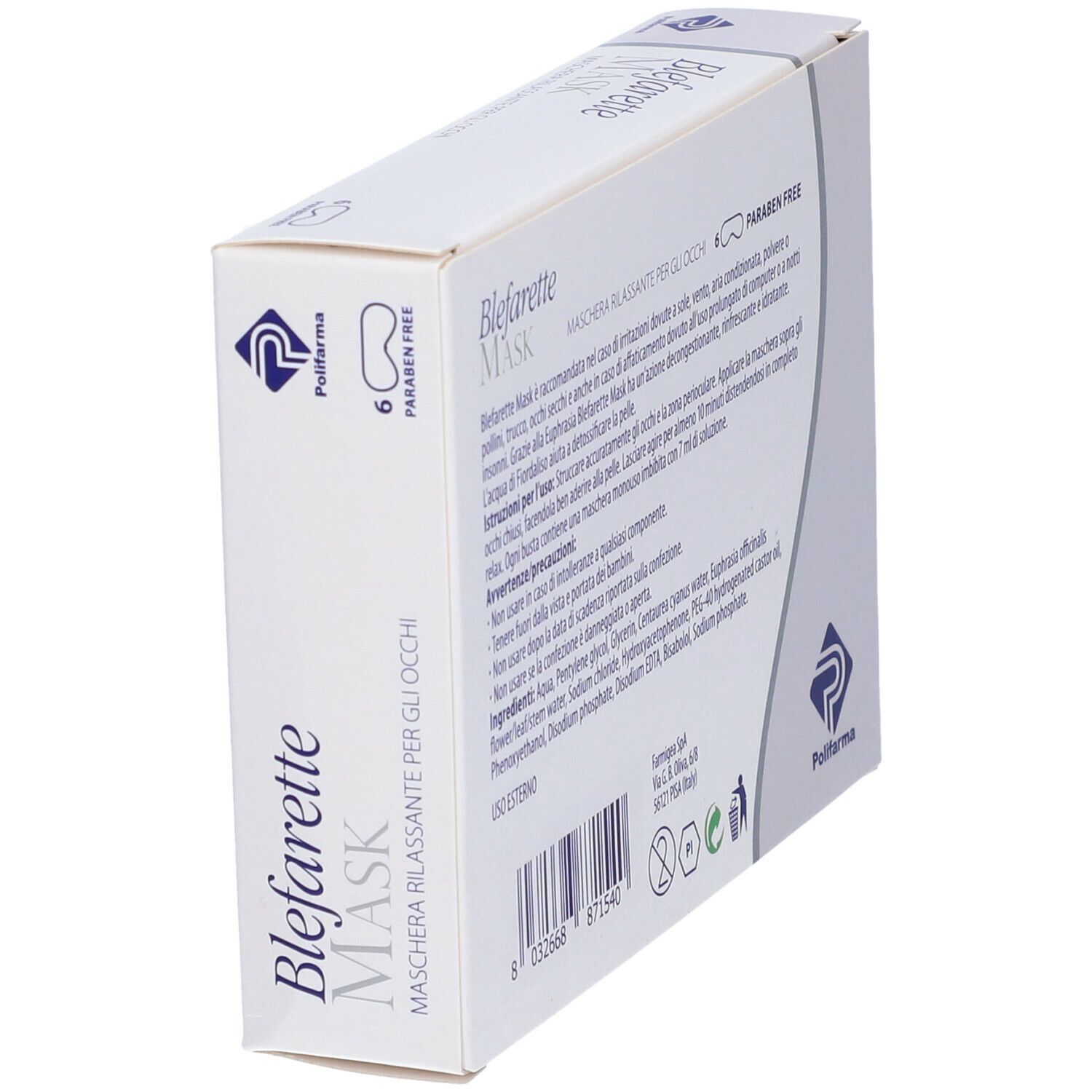 Confezione 'Blefarette Mask'. Testo italiano. Logo Polifarma. 6 maschere. 'Paraben Free'.