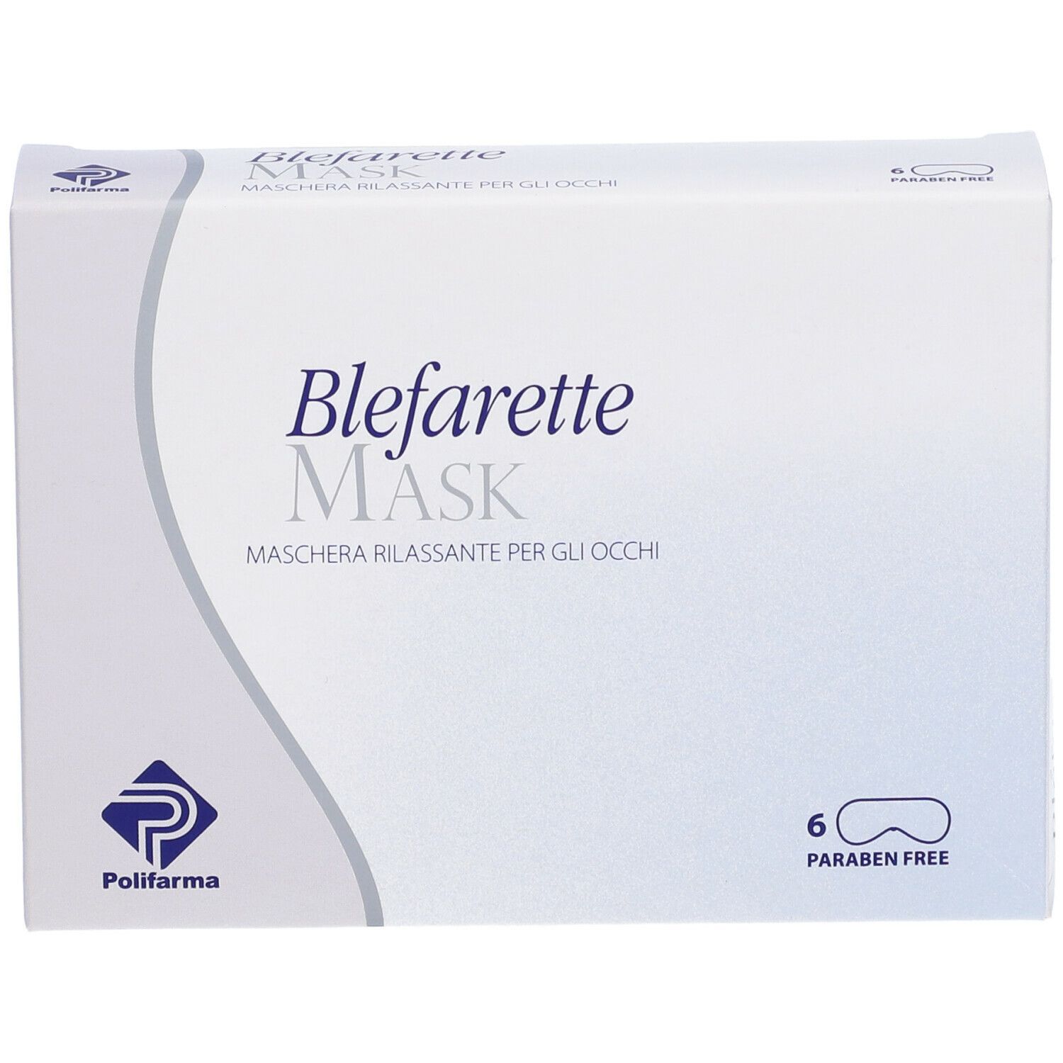 Confezione bianca 'Blefarette Mask'. Contiene 6 maschere. Logo Polifarma. 'Paraben Free'.