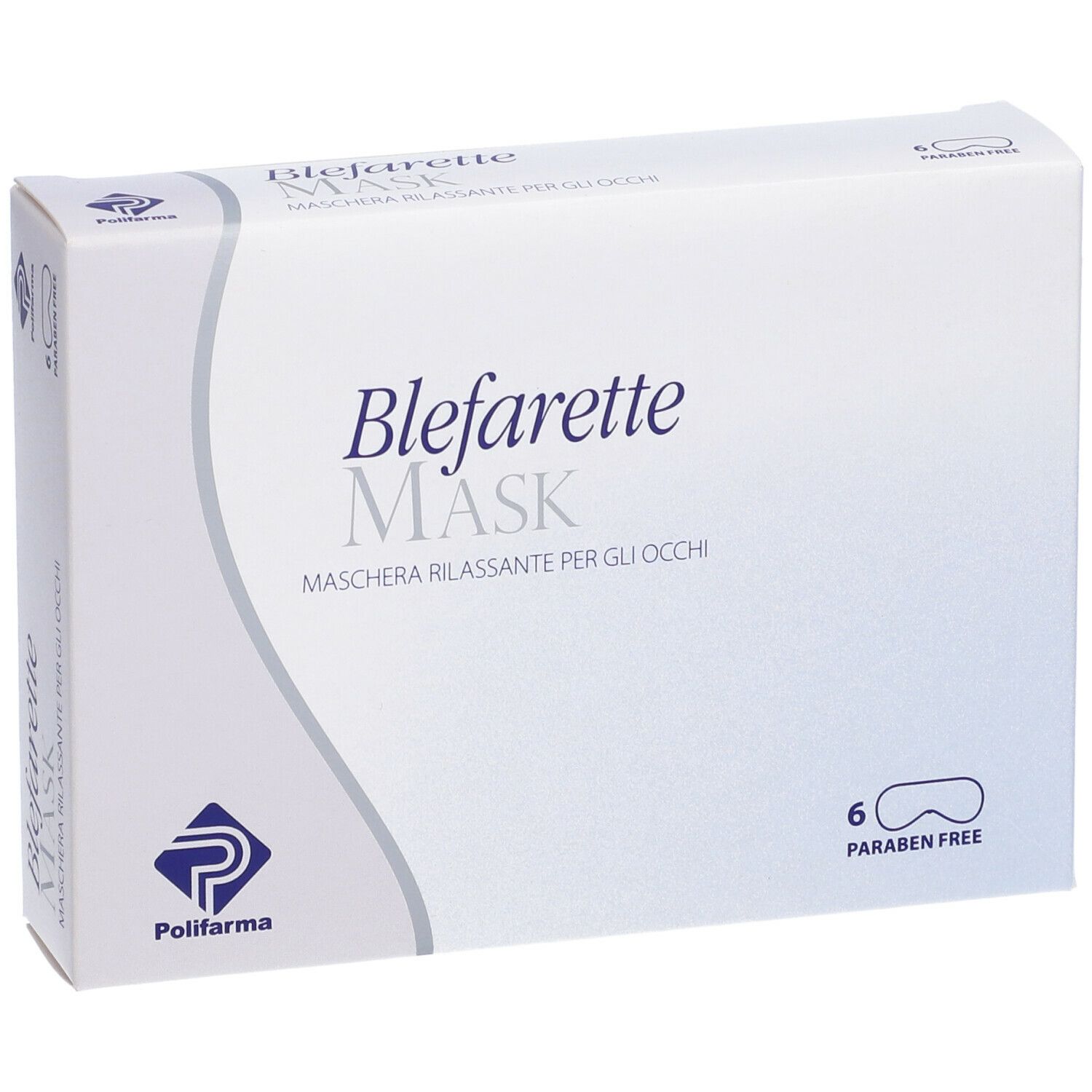 Confezione bianca 'Blefarette Mask'. Contiene 6 maschere. Logo Polifarma. 'Paraben Free'.