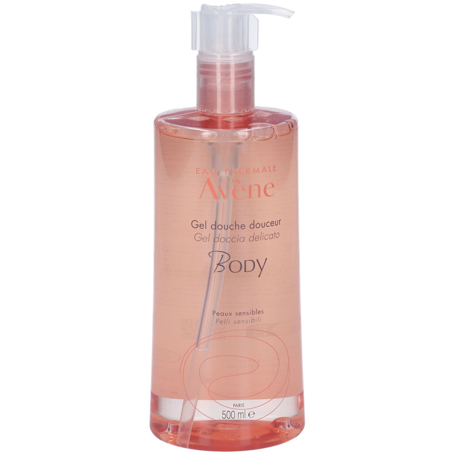 Flacone trasparente con liquido rosa. Scritte: Avène, Gel douche douceur, Body. Con dosatore.