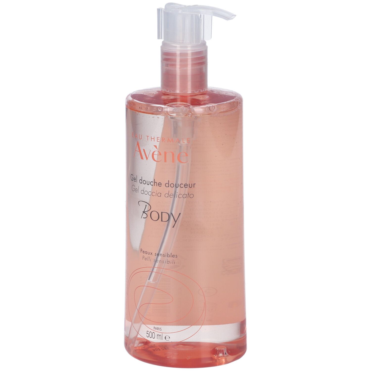 Flacone trasparente con liquido rosa. Scritte: Avène, Gel douche douceur, Body. Con dosatore.