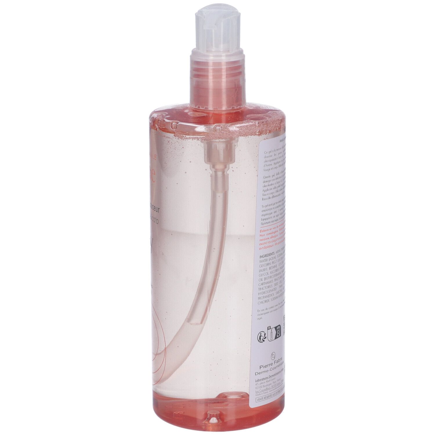 Flacone trasparente con liquido rosa. Scritta: Avène. Con dosatore. Retro con testo.