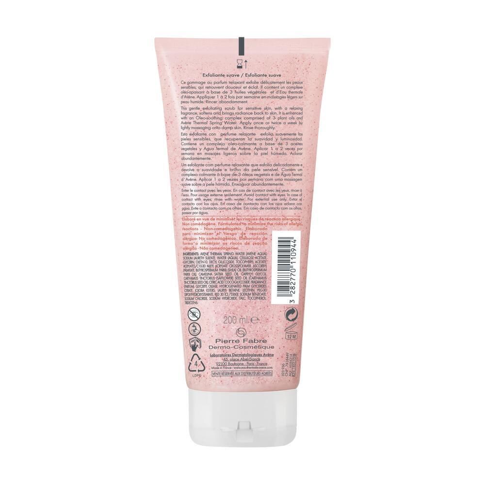 Retro di un tubo rosa con tappo bianco. Testo: Exfoliating scrub. Ingredienti, informazioni produttore, 200 ml.