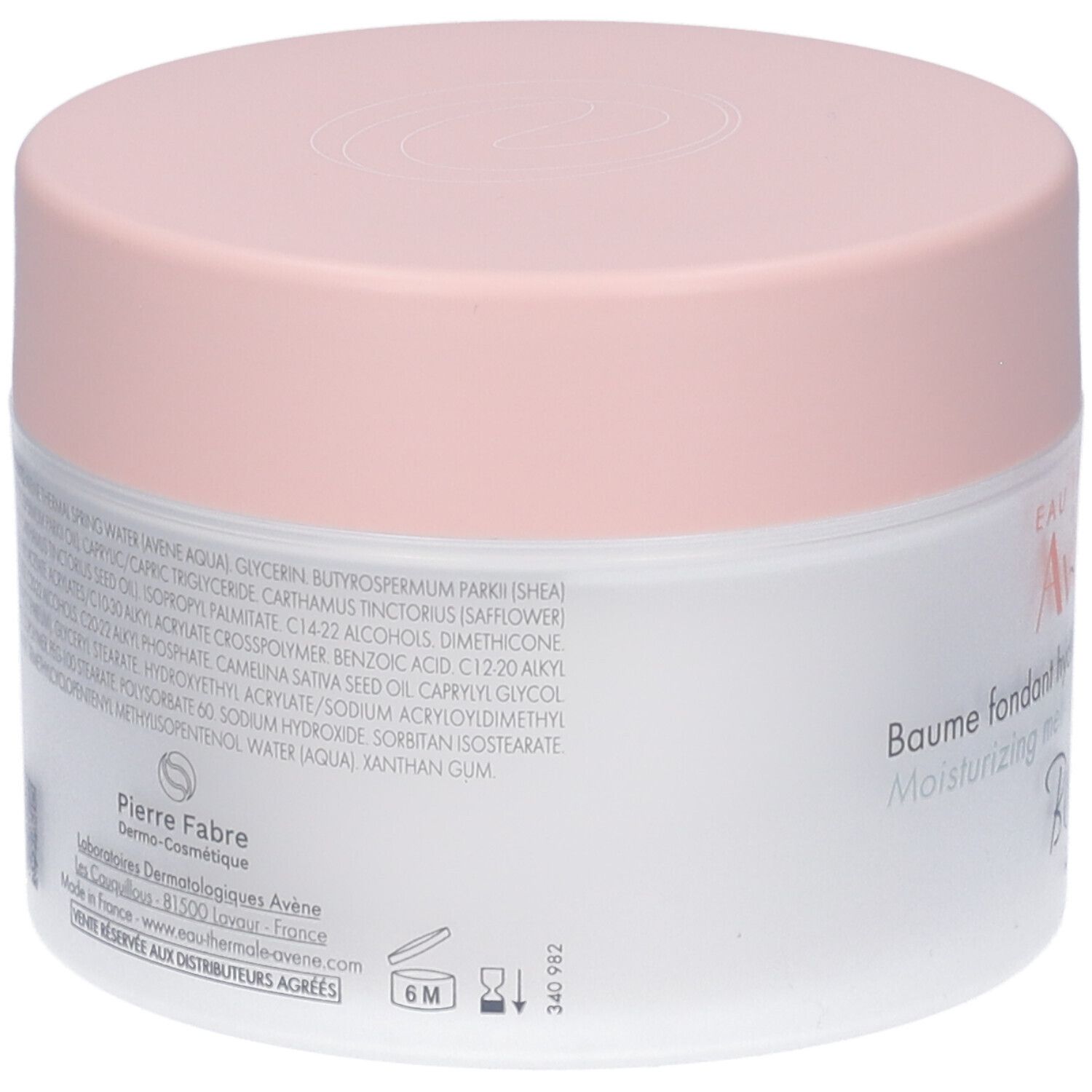 Retro del vasetto bianco con coperchio rosa. Testo: Ingredienti, Pierre Fabre, simbolo 6M.