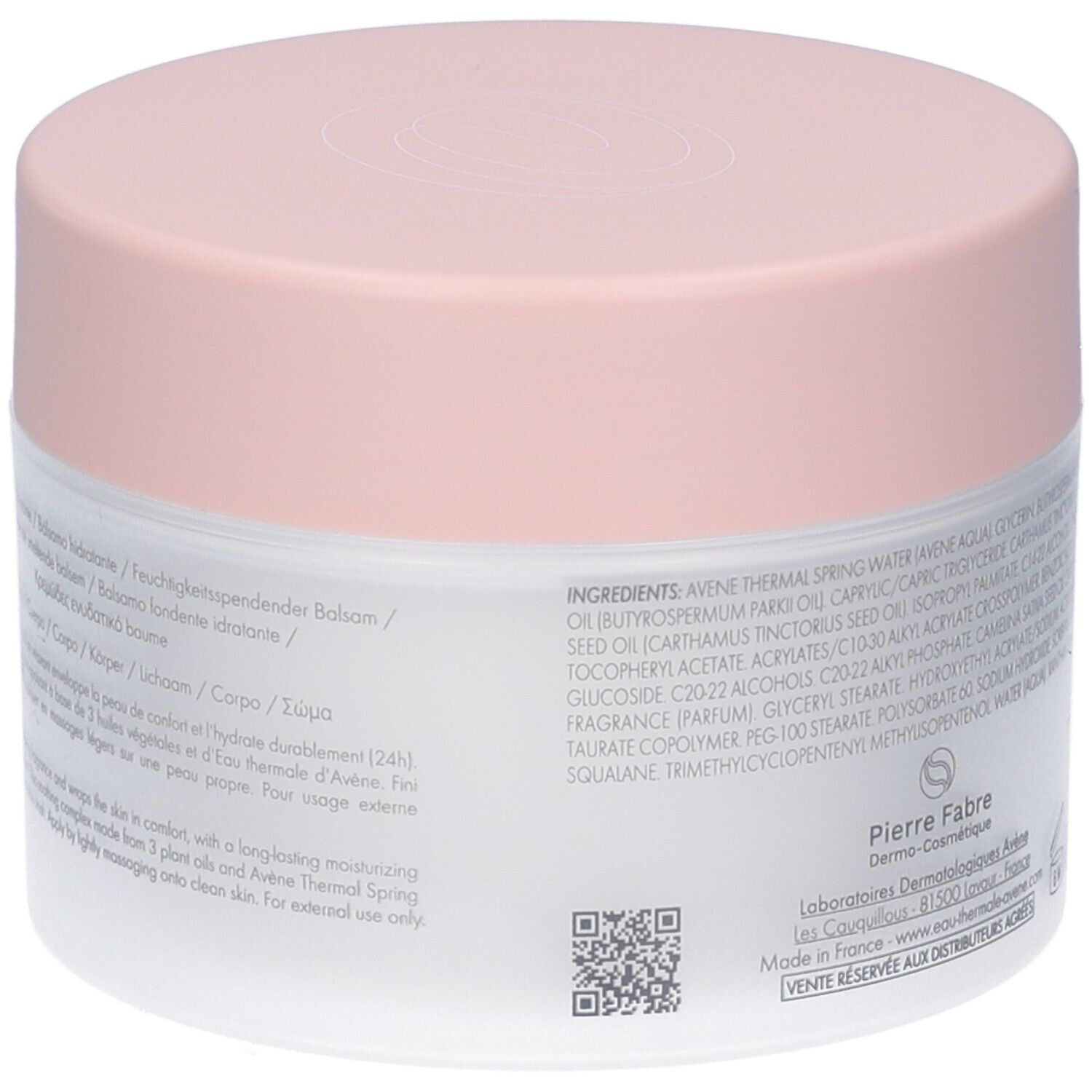 Retro del vasetto bianco con coperchio rosa. Testo: Ingredienti, Pierre Fabre, codice QR.