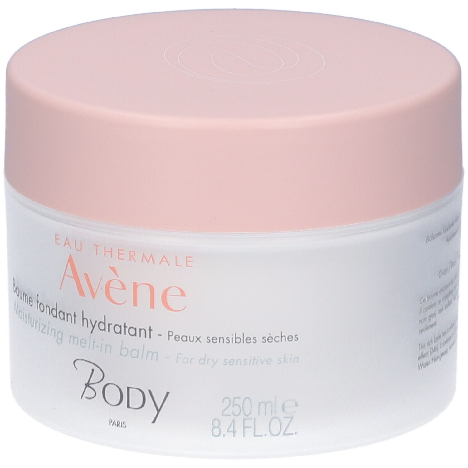 Vasetto bianco con coperchio rosa. Scritta: Eau Thermale Avène, Baume fondant hydratant, Body, 250 ml.