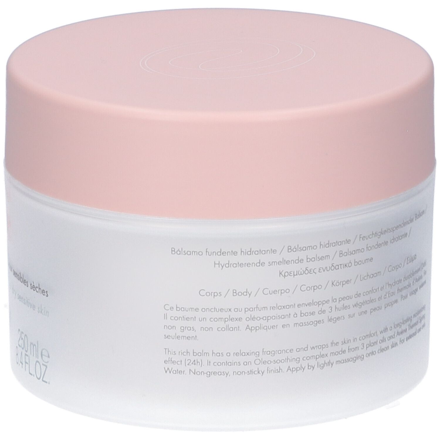 Retro del vasetto bianco con coperchio rosa. Testo: Balsamo fondente idratante, Body, 250 ml.