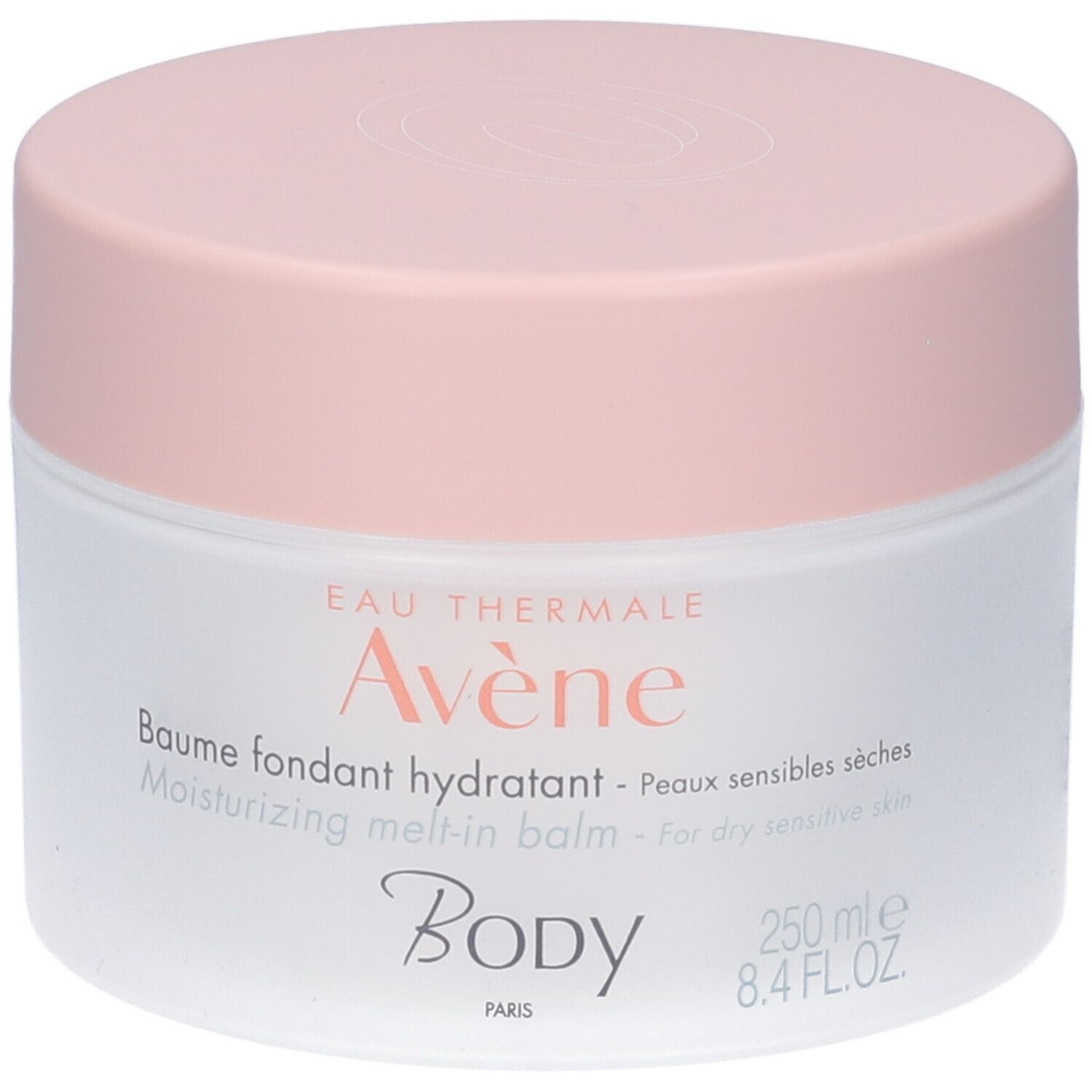 Vasetto bianco con coperchio rosa. Scritta: Eau Thermale Avène, Baume fondant hydratant, Body, 250 ml.