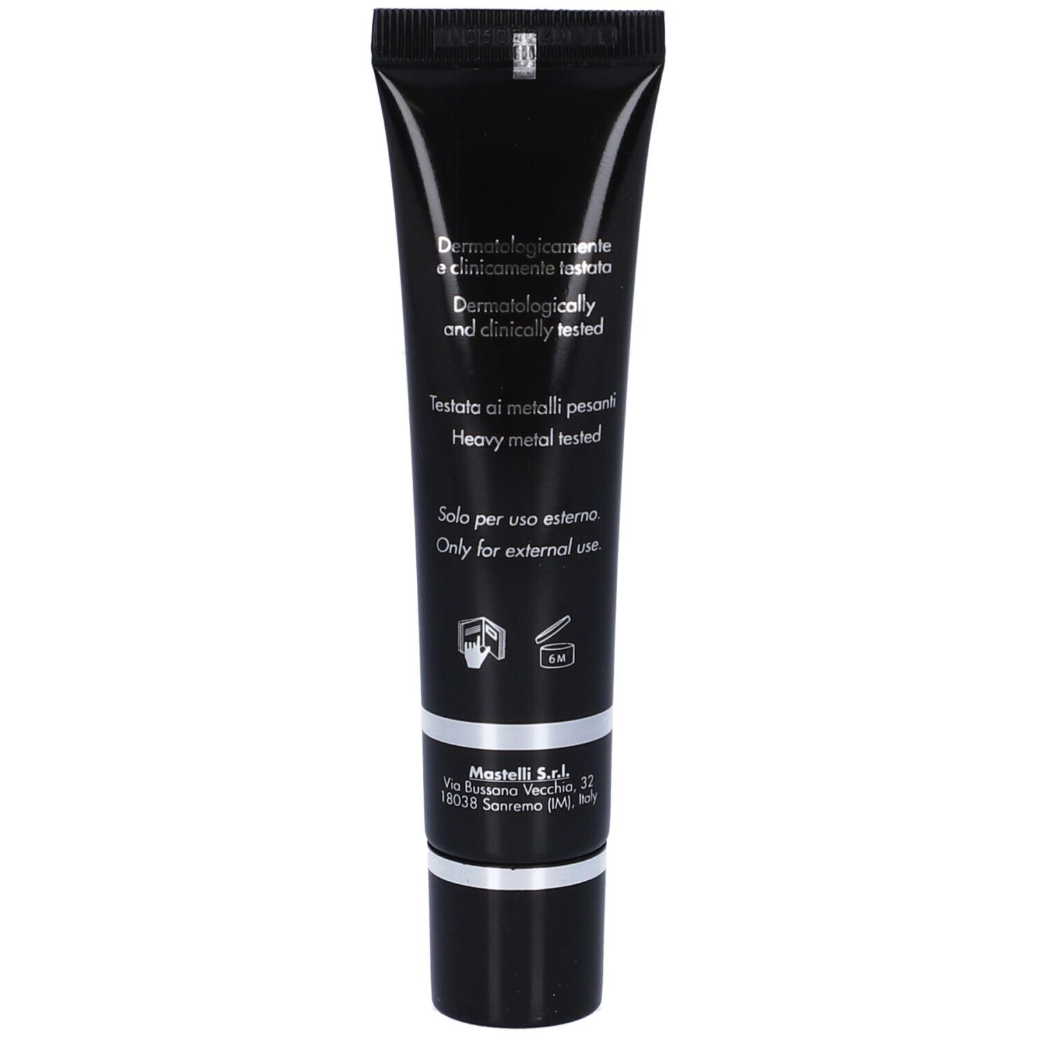 Retro del tubo nero. Testato dermatologicamente. Solo per uso esterno. Marchio Mastelli.