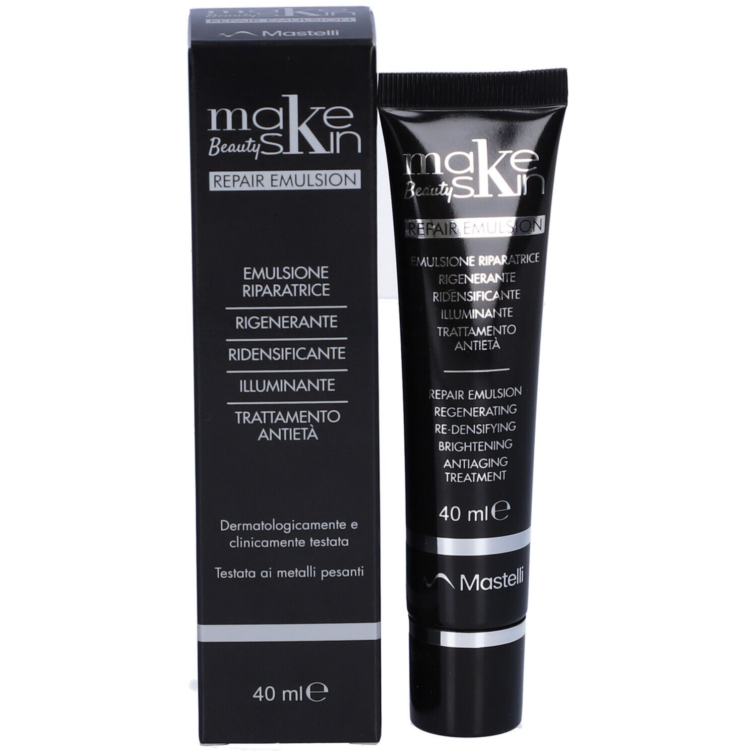 Confezione e tubo neri. Testo: Makeskin Beauty Repair Emulsion. 40 ml. Marchio Mastelli. Testato dermatologicamente.