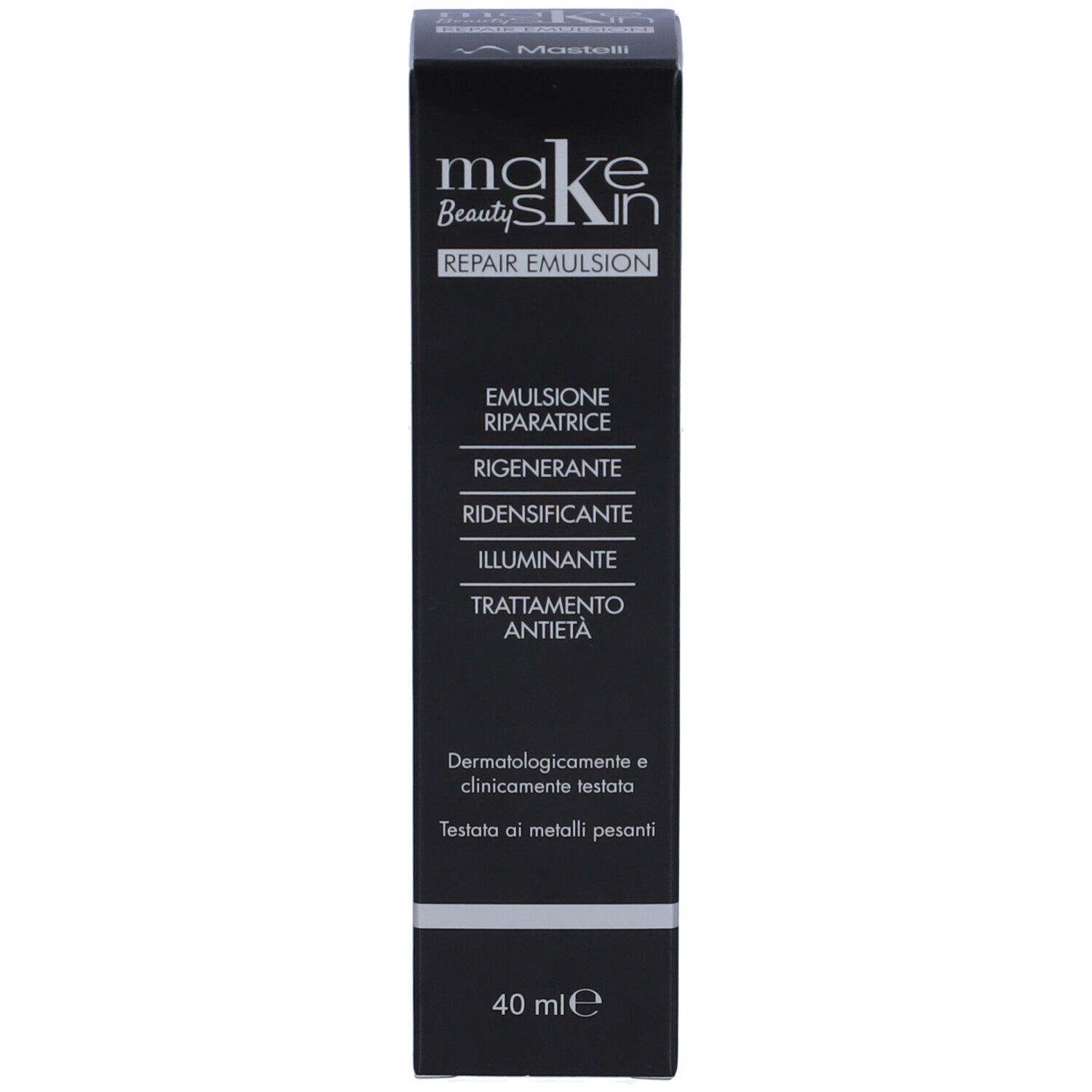Confezione nera con testo: Makeskin Beauty Repair Emulsion. 40 ml. Testato dermatologicamente. Marchio Mastelli.