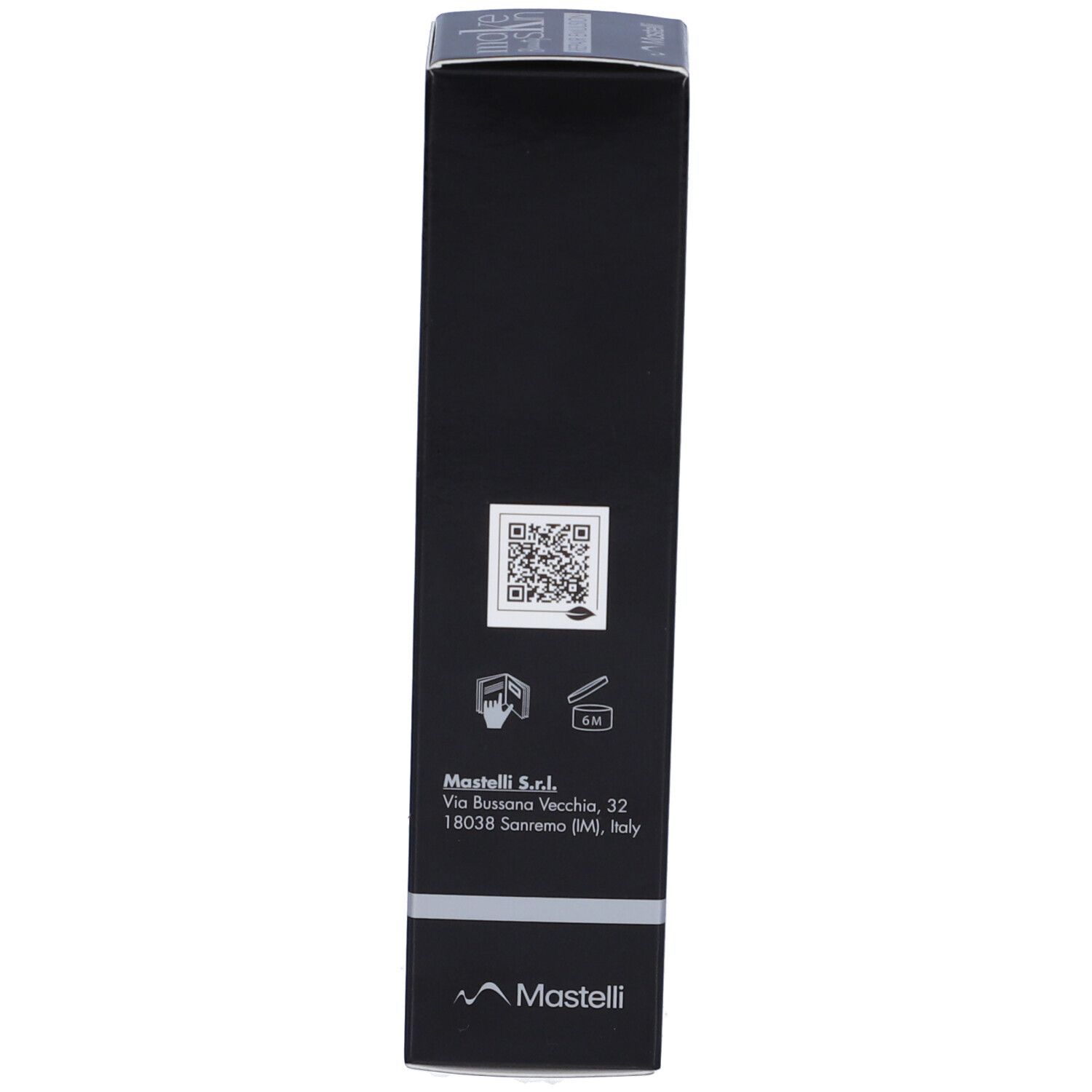 Lato della confezione nera. Testo: Mastelli S.r.l. Codice QR. Solo per uso esterno.