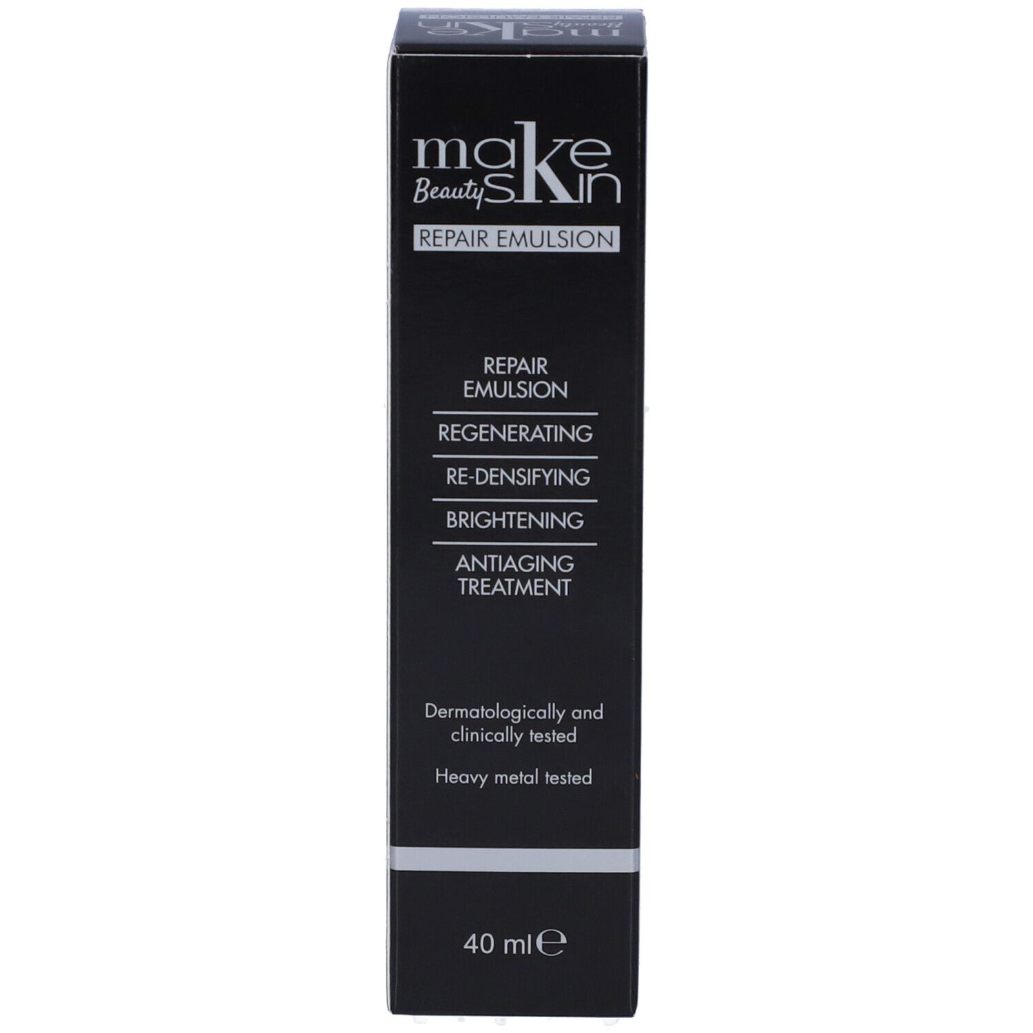 Confezione nera. Testo: Makeskin Beauty Repair Emulsion. Testato dermatologicamente. 40 ml. Marchio Mastelli.