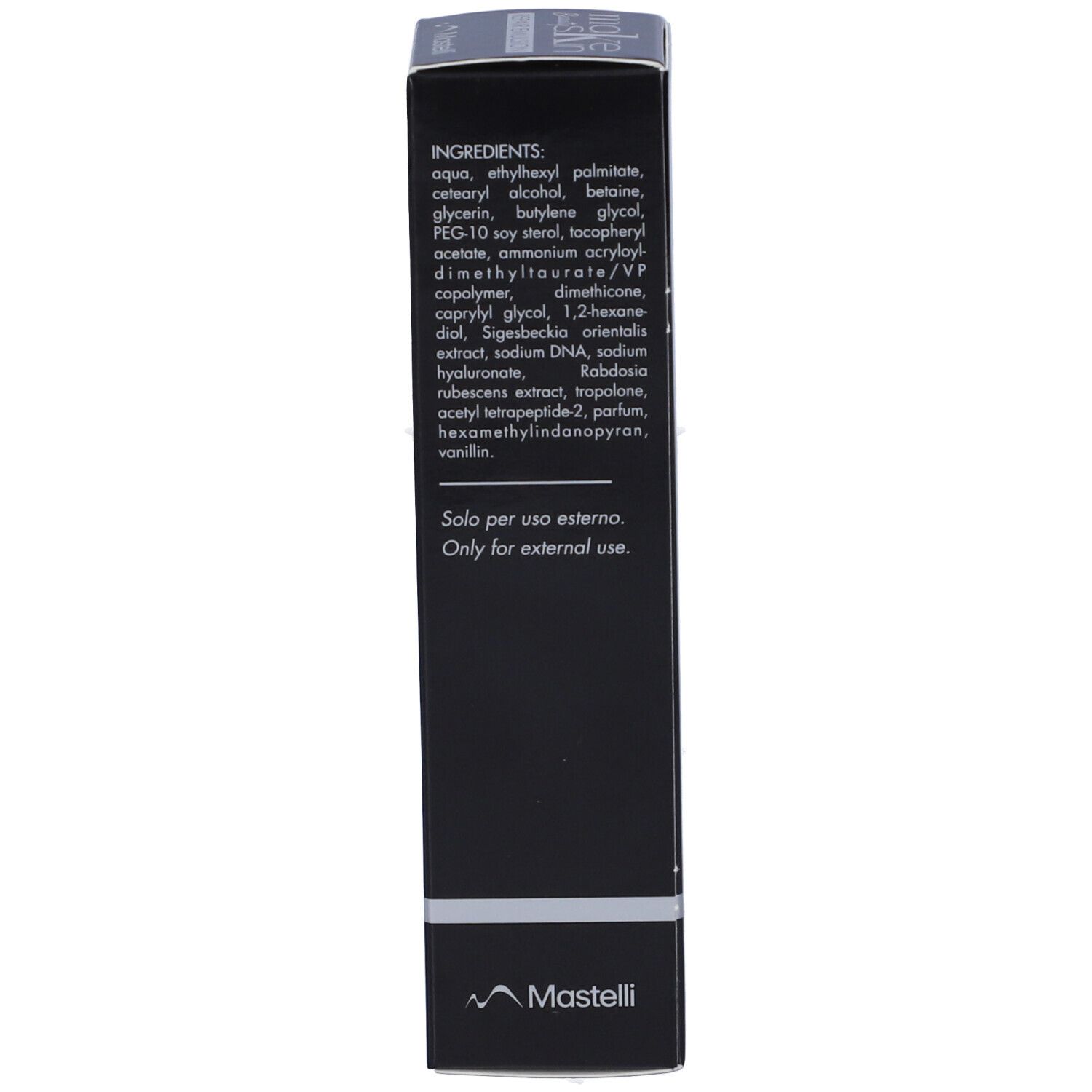 Lato della confezione nera. Testo: Ingredienti. Solo per uso esterno. Marchio Mastelli.
