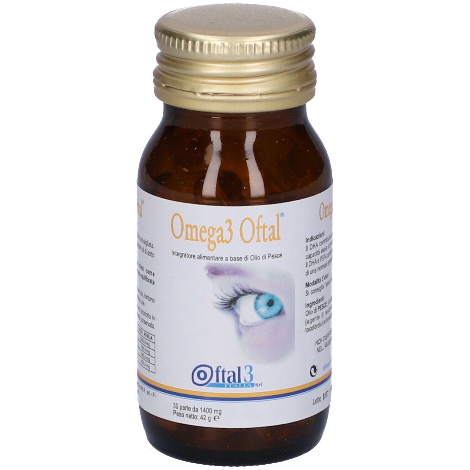 Flacone in vetro marrone con Omega3 Oftal. Tappo dorato. Etichetta con informazioni prodotto.