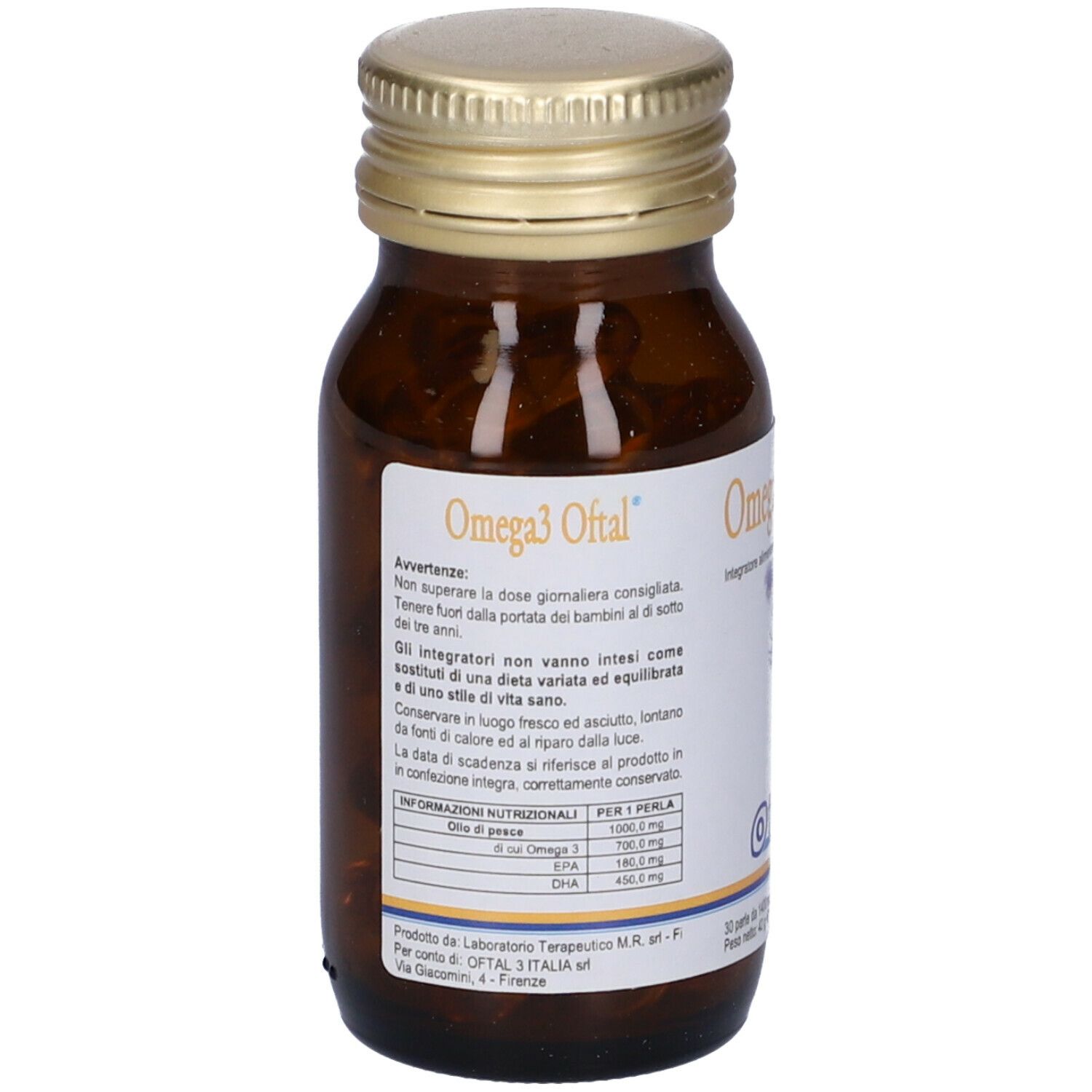 Retro del flacone in vetro marrone con Omega3 Oftal. Etichetta con informazioni e avvertenze.