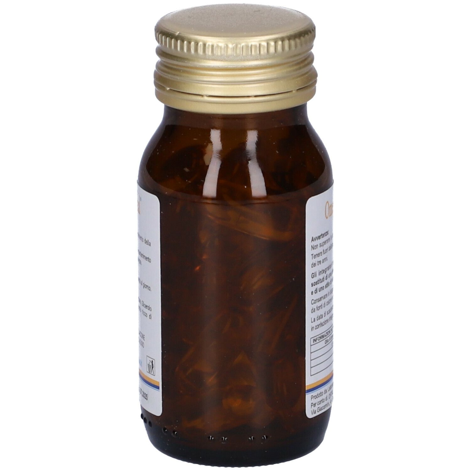 Flacone in vetro marrone con Omega3 Oftal. Capsule visibili. Tappo dorato. Etichetta.