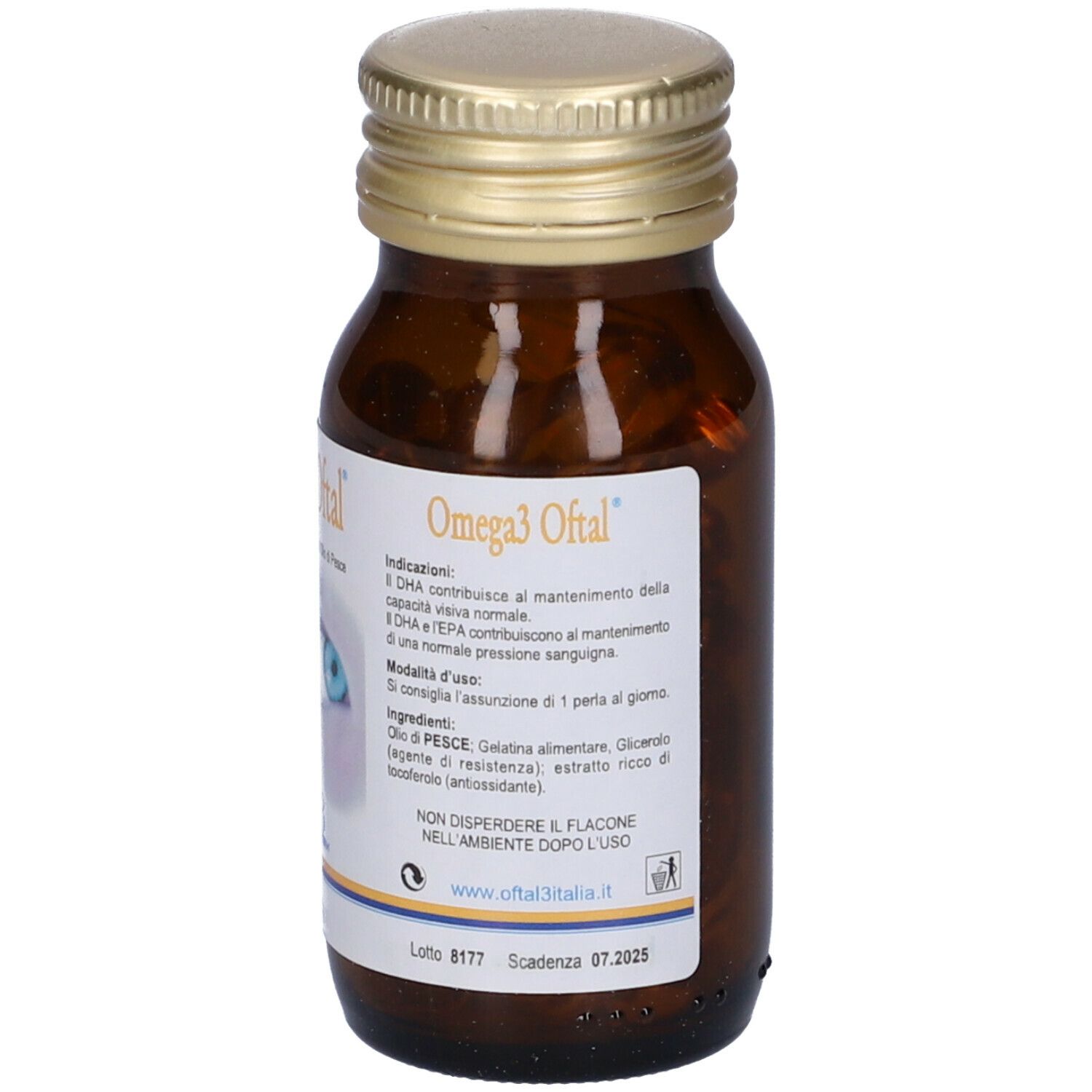 Flacone in vetro marrone con Omega3 Oftal. Etichetta con informazioni prodotto. Tappo dorato.