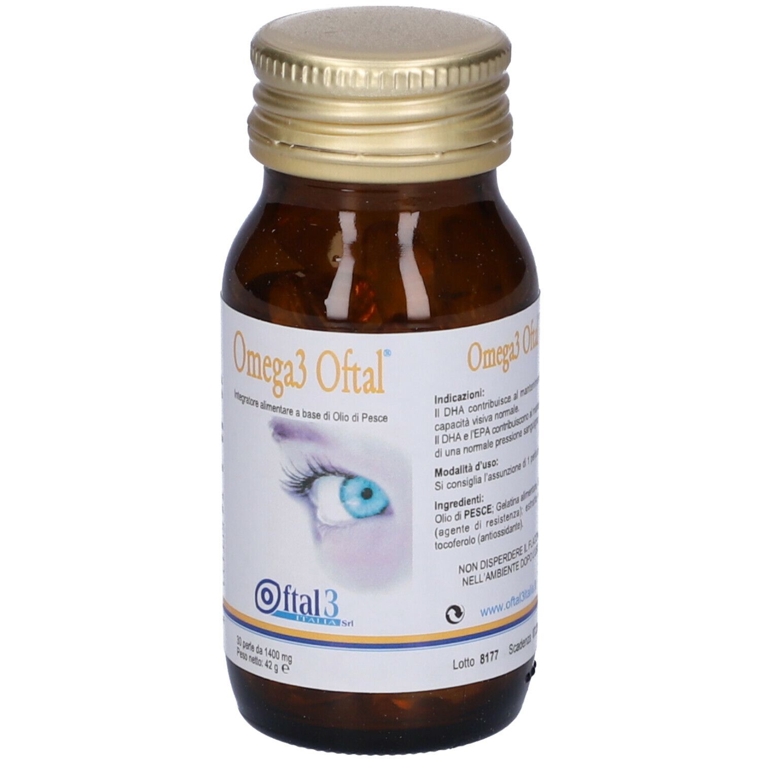 Flacone in vetro marrone con Omega3 Oftal. Etichetta con informazioni prodotto. Tappo dorato.