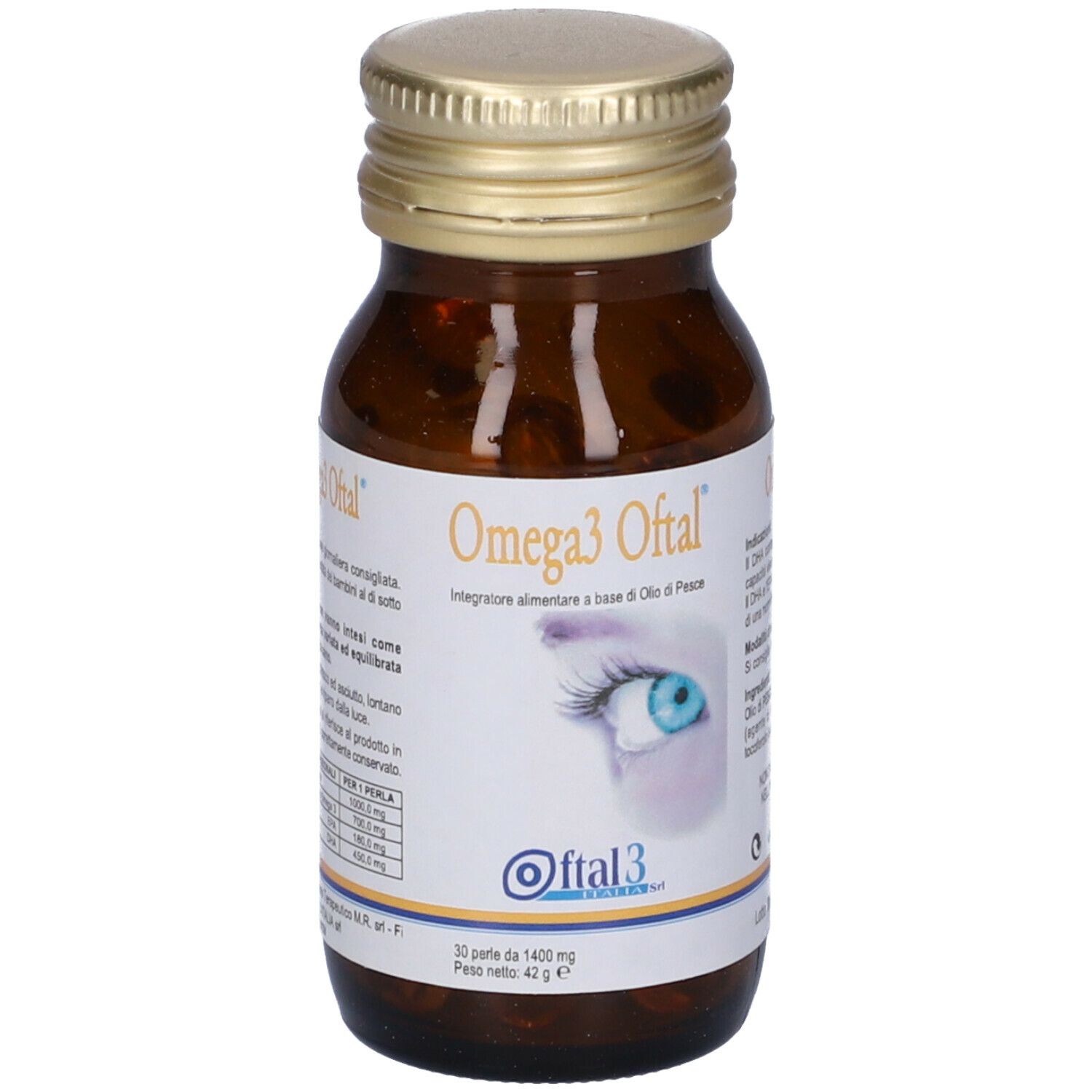 Flacone in vetro marrone con Omega3 Oftal. Etichetta con informazioni prodotto. Tappo dorato.
