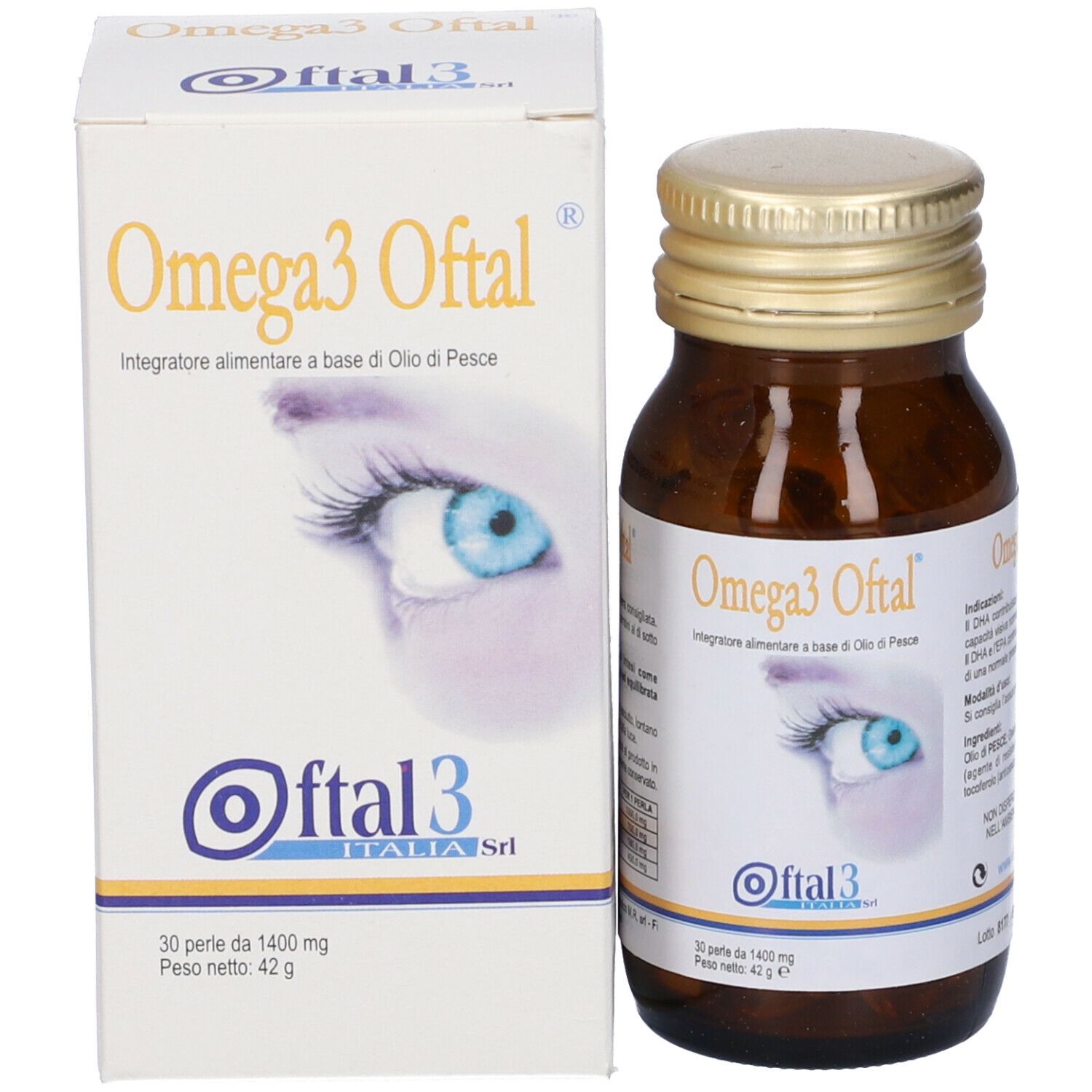 Prodotto Omega3 Oftal con confezione e flacone. Confezione con immagine occhio e nome prodotto.