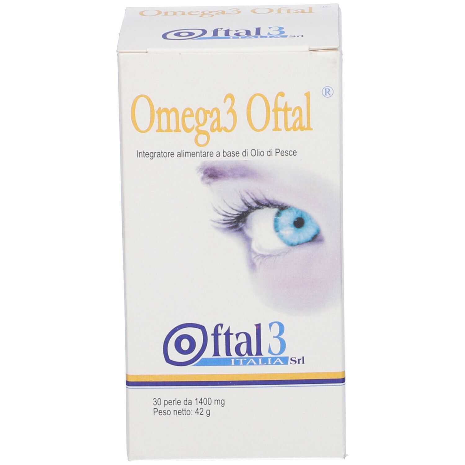 Confezione di Omega3 Oftal. Bianca con nome prodotto e immagine occhio. Oftal3 Italia Srl.