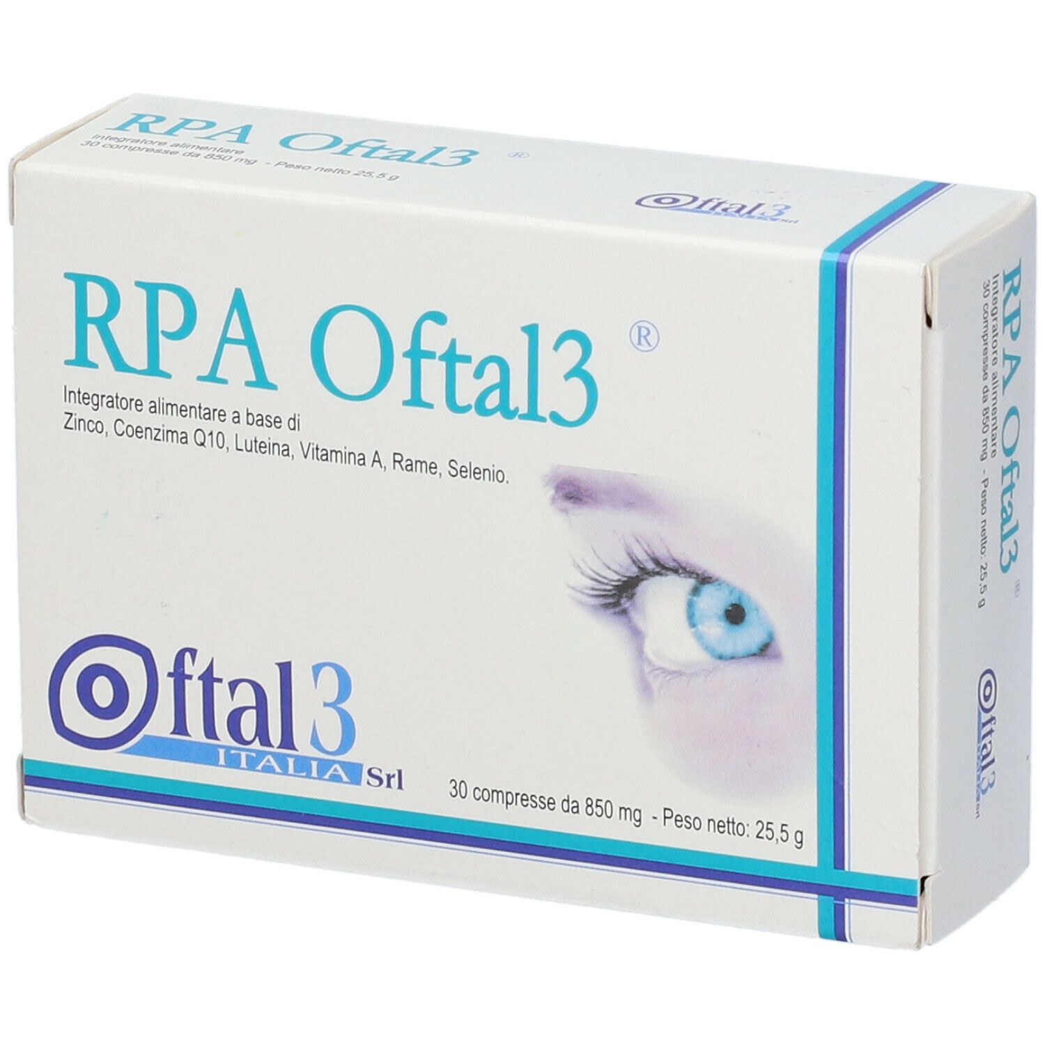 Confezione di RPA Oftal3. Scritta: Zinco, Coenzima Q10, Luteina, Vitamina A, Rame, Selenio. Con immagine occhio. 30 compresse.