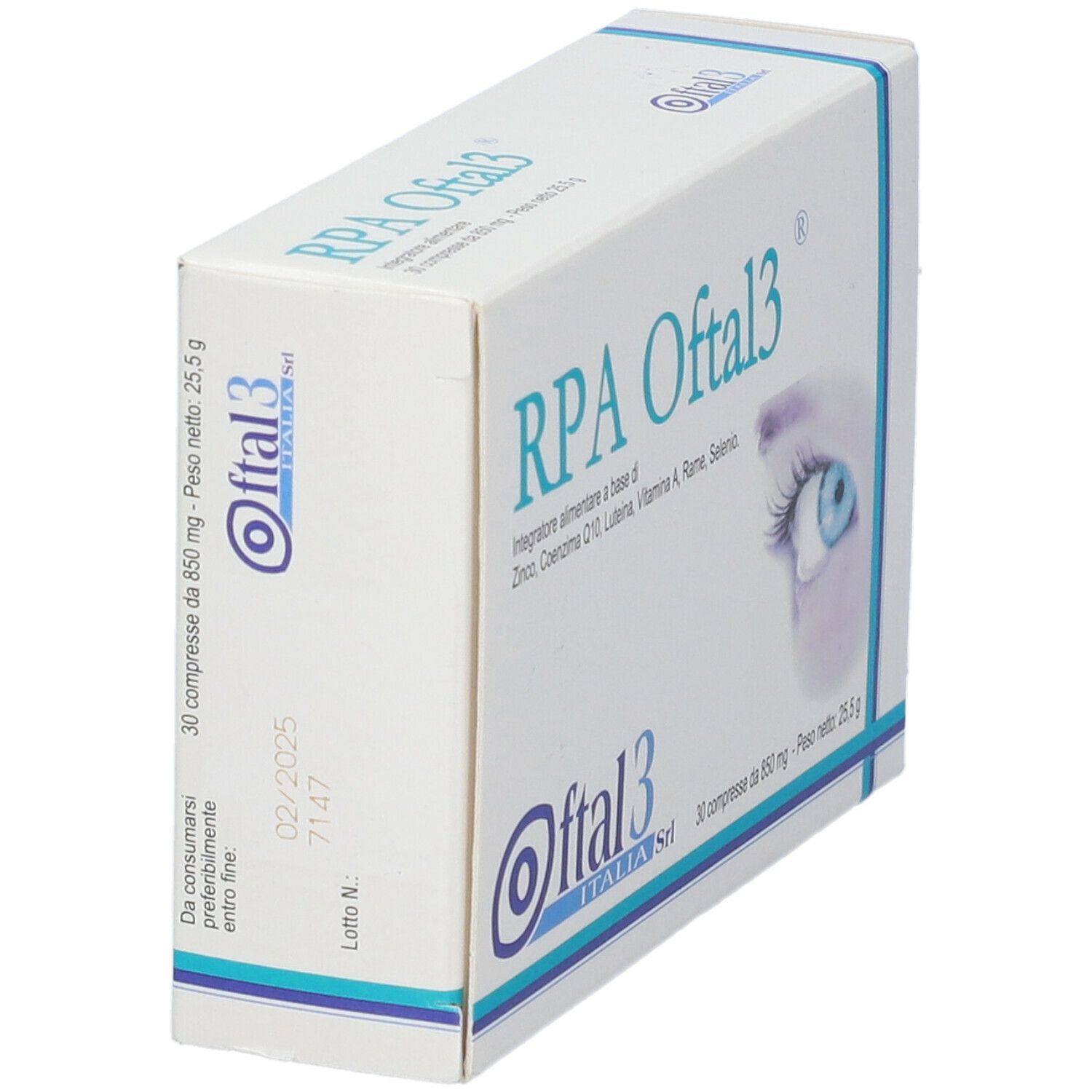 Confezione di RPA Oftal3. Scritta: Zinco, Coenzima Q10, Luteina, Vitamina A, Rame, Selenio. Con immagine occhio. 30 compresse.