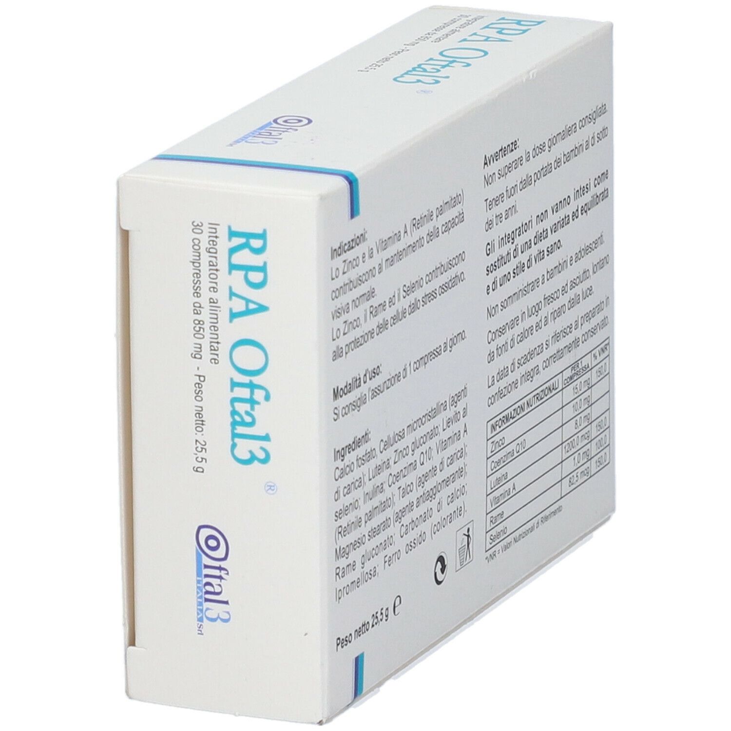 Confezione di RPA Oftal3. Scritta: Zinco, Coenzima Q10, Luteina, Vitamina A, Rame, Selenio. Con immagine occhio. 30 compresse.