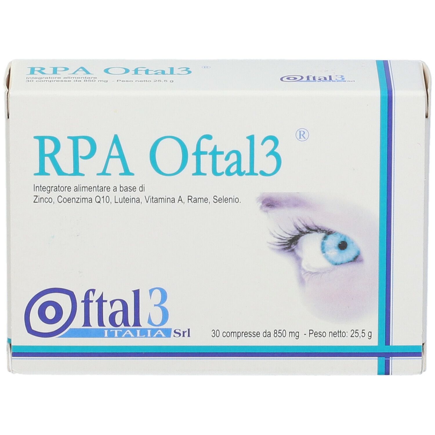 Confezione di RPA Oftal3. Scritta: Zinco, Coenzima Q10, Luteina, Vitamina A, Rame, Selenio. Con immagine occhio. 30 compresse.