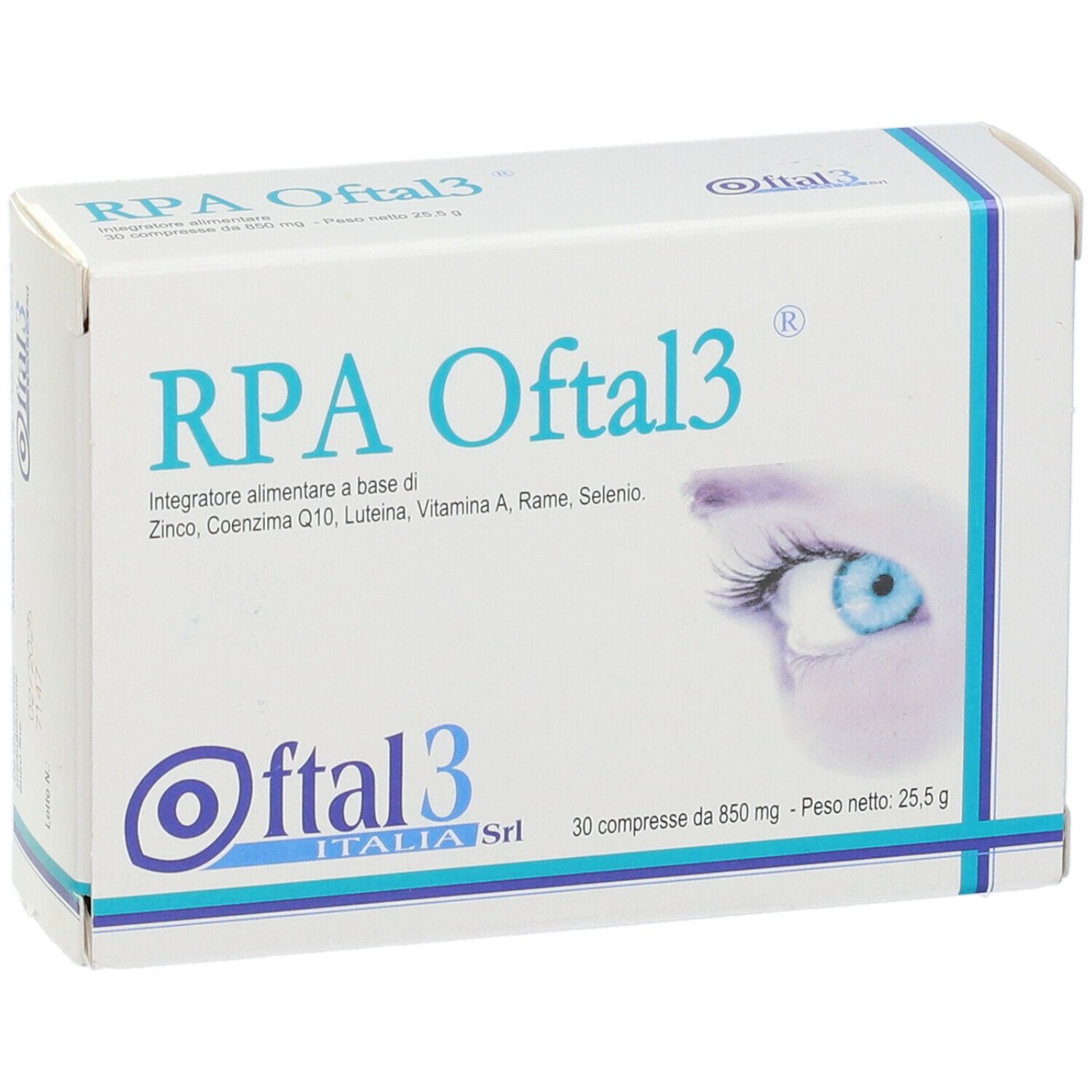 Confezione di RPA Oftal3. Scritta: Zinco, Coenzima Q10, Luteina, Vitamina A, Rame, Selenio. Con immagine occhio. 30 compresse.