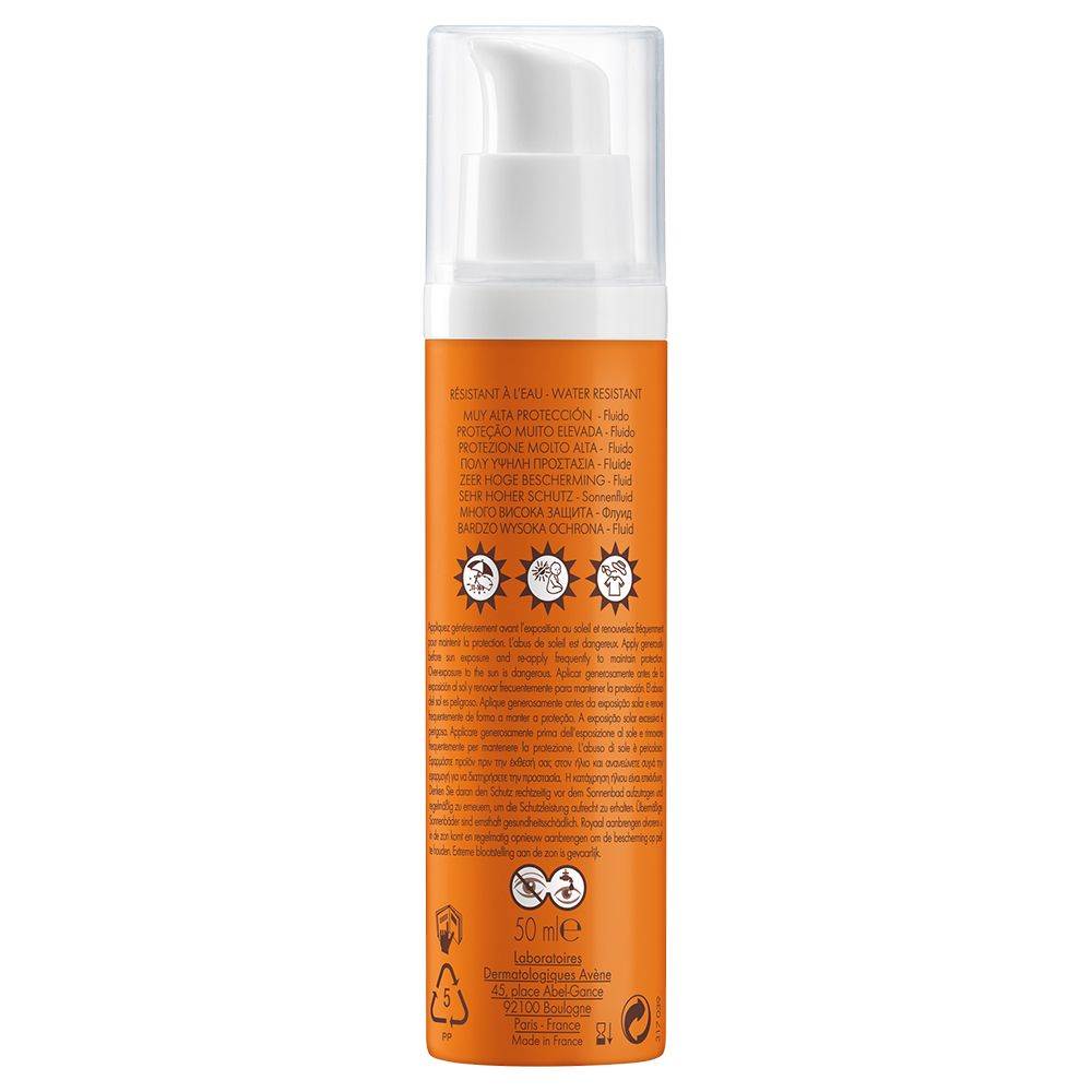 Retro del flacone di fluido solare. Testo multilingue. Simboli di protezione solare. Flacone arancione e bianco.