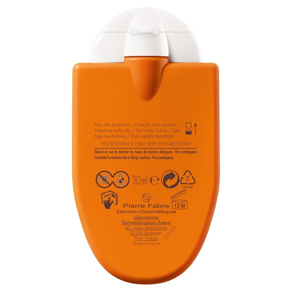 Retro del flacone di crema solare. Testo: 30 ml, Pierre Fabre, Dermo-Cosmétique, 12M. Molto resistente all'acqua.
